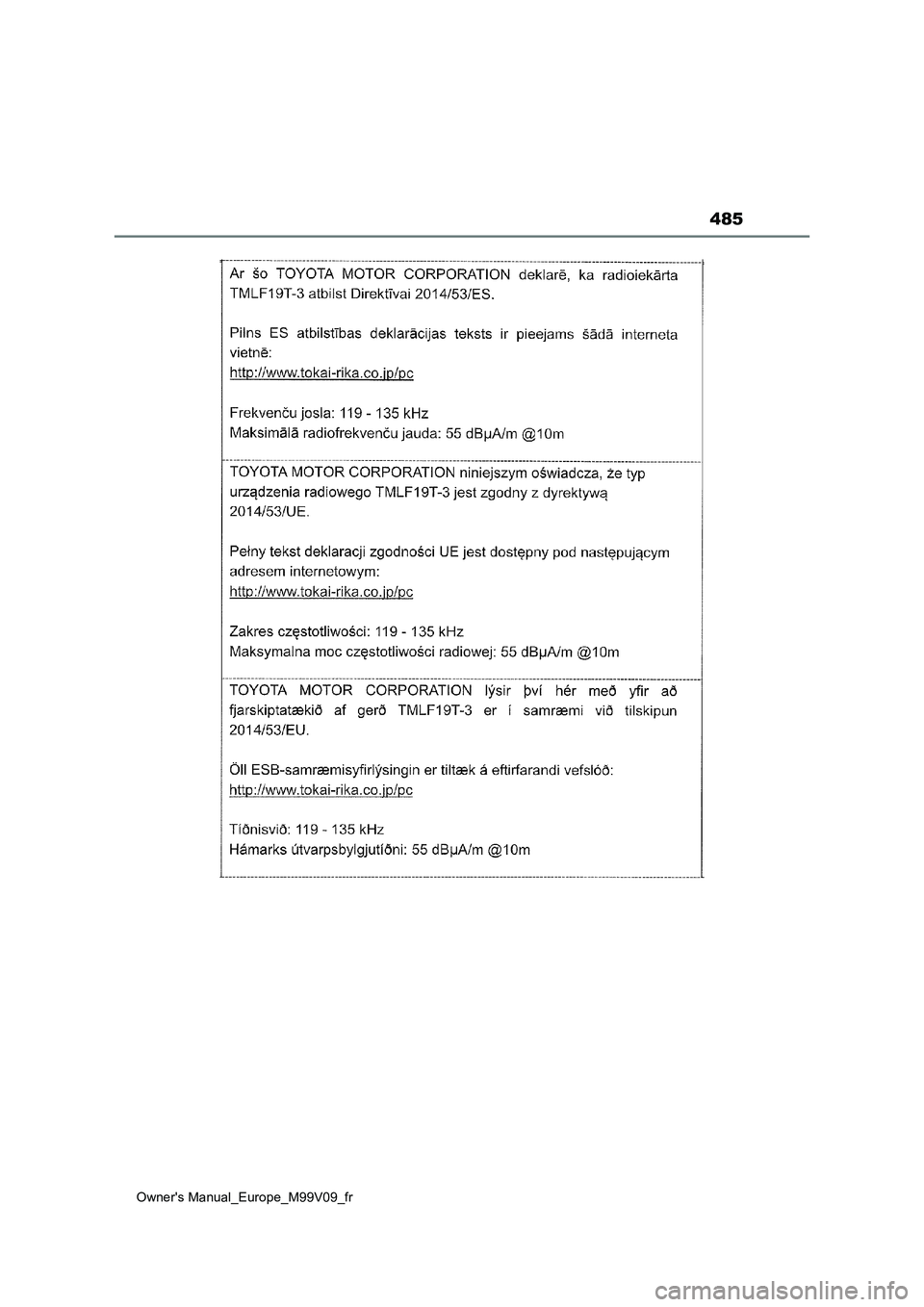TOYOTA AYGO X 2022 Notices Demploi (in French) 485
Owner's Manual_Europe_M99V09_fr TOYOTA AYGO X 2022 Notices Demploi (in French) 485
Owner's Manual_Europe_M99V09_fr