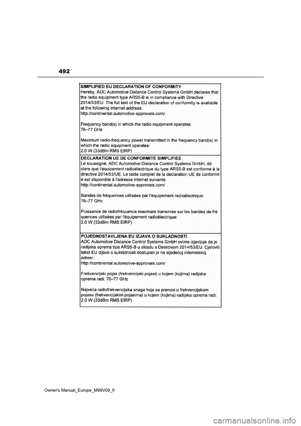 TOYOTA AYGO X 2022  Notices Demploi (in French) 492
Owner's Manual_Europe_M99V09_fr 