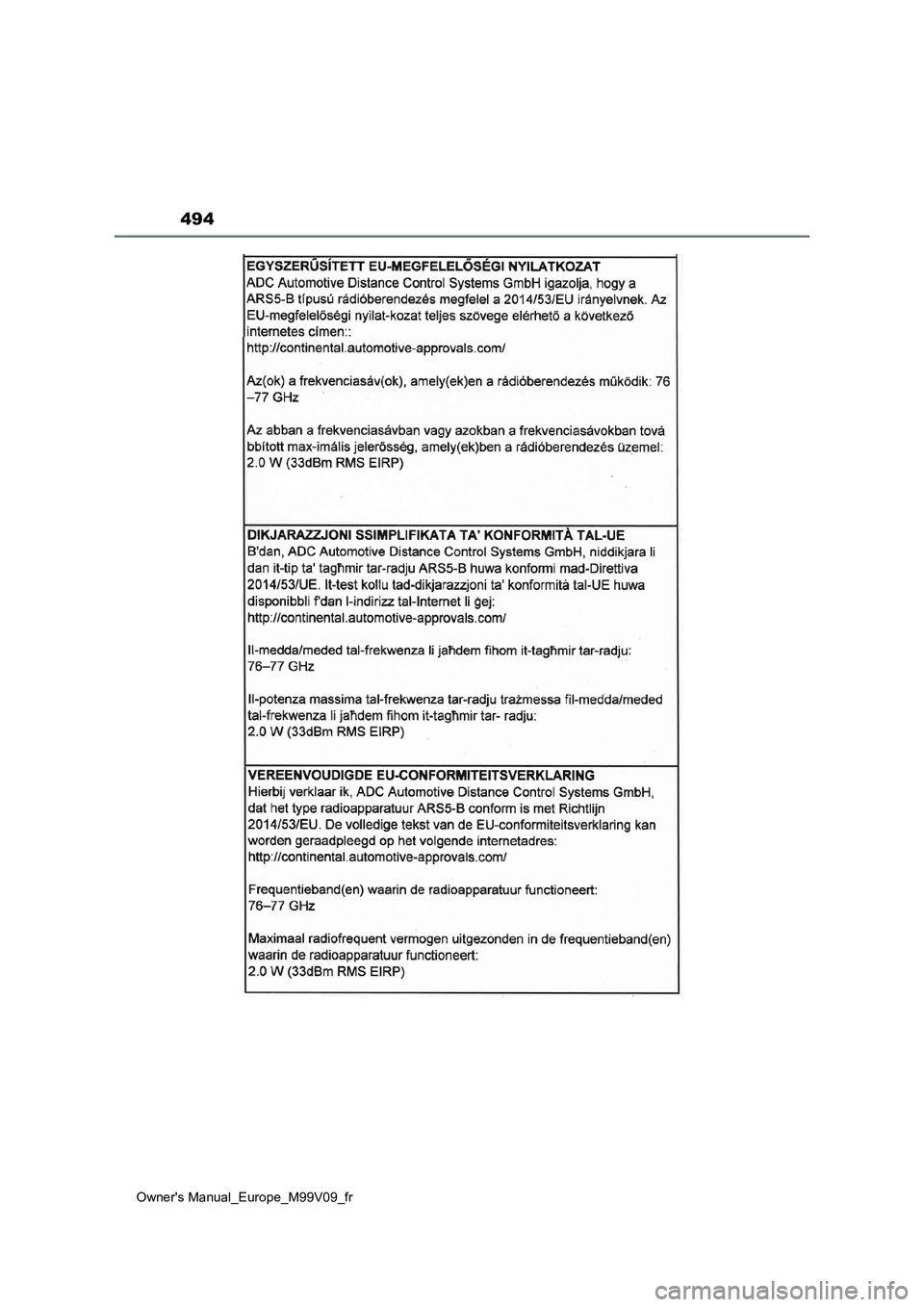 TOYOTA AYGO X 2022  Notices Demploi (in French) 494
Owner's Manual_Europe_M99V09_fr 