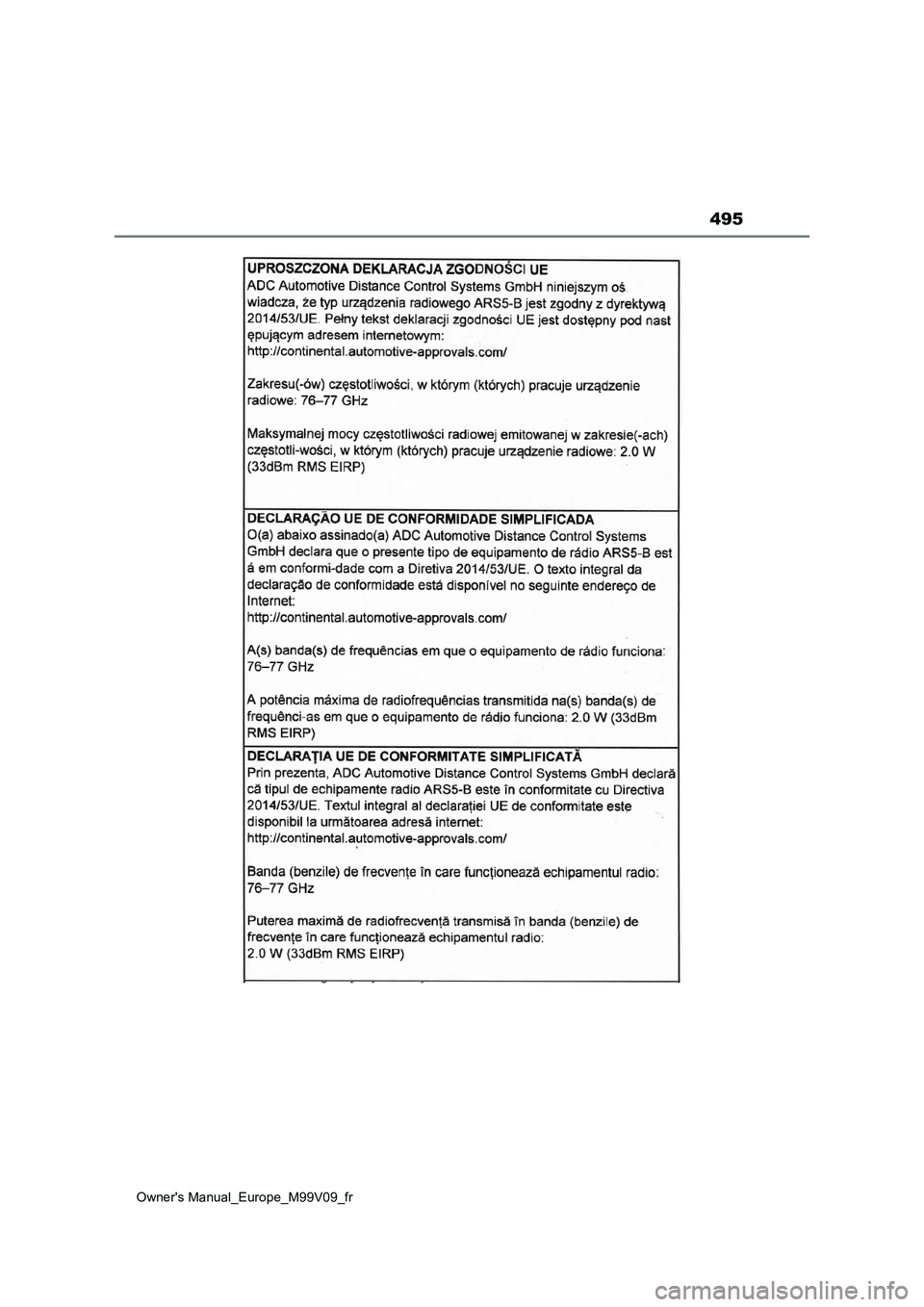 TOYOTA AYGO X 2022  Notices Demploi (in French) 495
Owner's Manual_Europe_M99V09_fr 