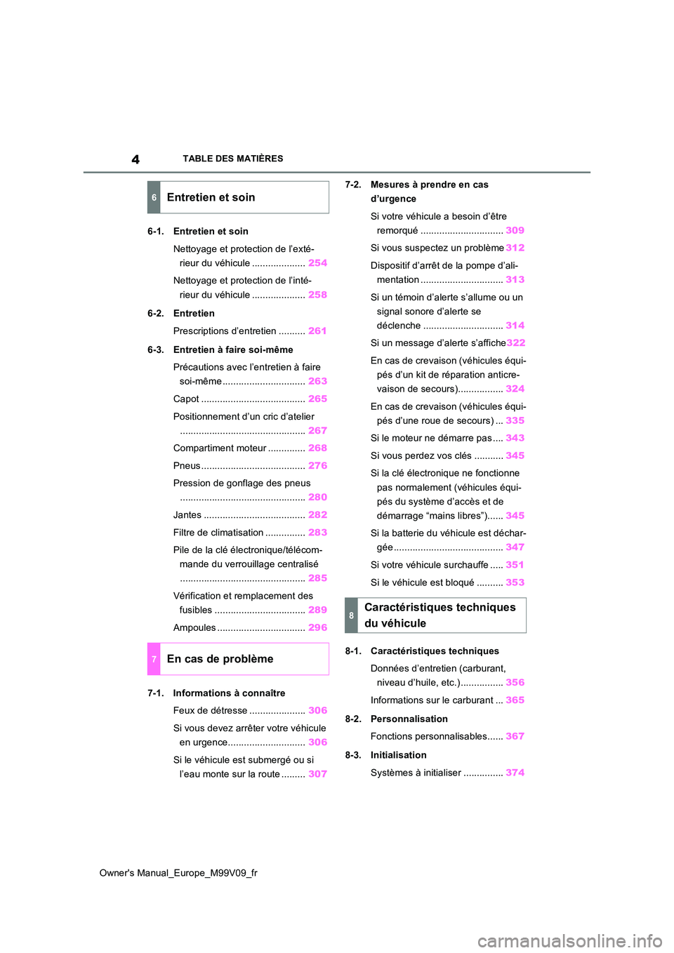 TOYOTA AYGO X 2022 Notices Demploi (in French) 4
Owner's Manual_Europe_M99V09_fr
TABLE DES MATIÈRES
6-1. Entretien et soin
Nettoyage et protection de l’exté-
rieur du véhicule .................... 254
Nettoyage et protection de l’int TOYOTA AYGO X 2022 Notices Demploi (in French) 4
Owner's Manual_Europe_M99V09_fr
TABLE DES MATIÈRES
6-1. Entretien et soin
Nettoyage et protection de l’exté-
rieur du véhicule .................... 254
Nettoyage et protection de l’int