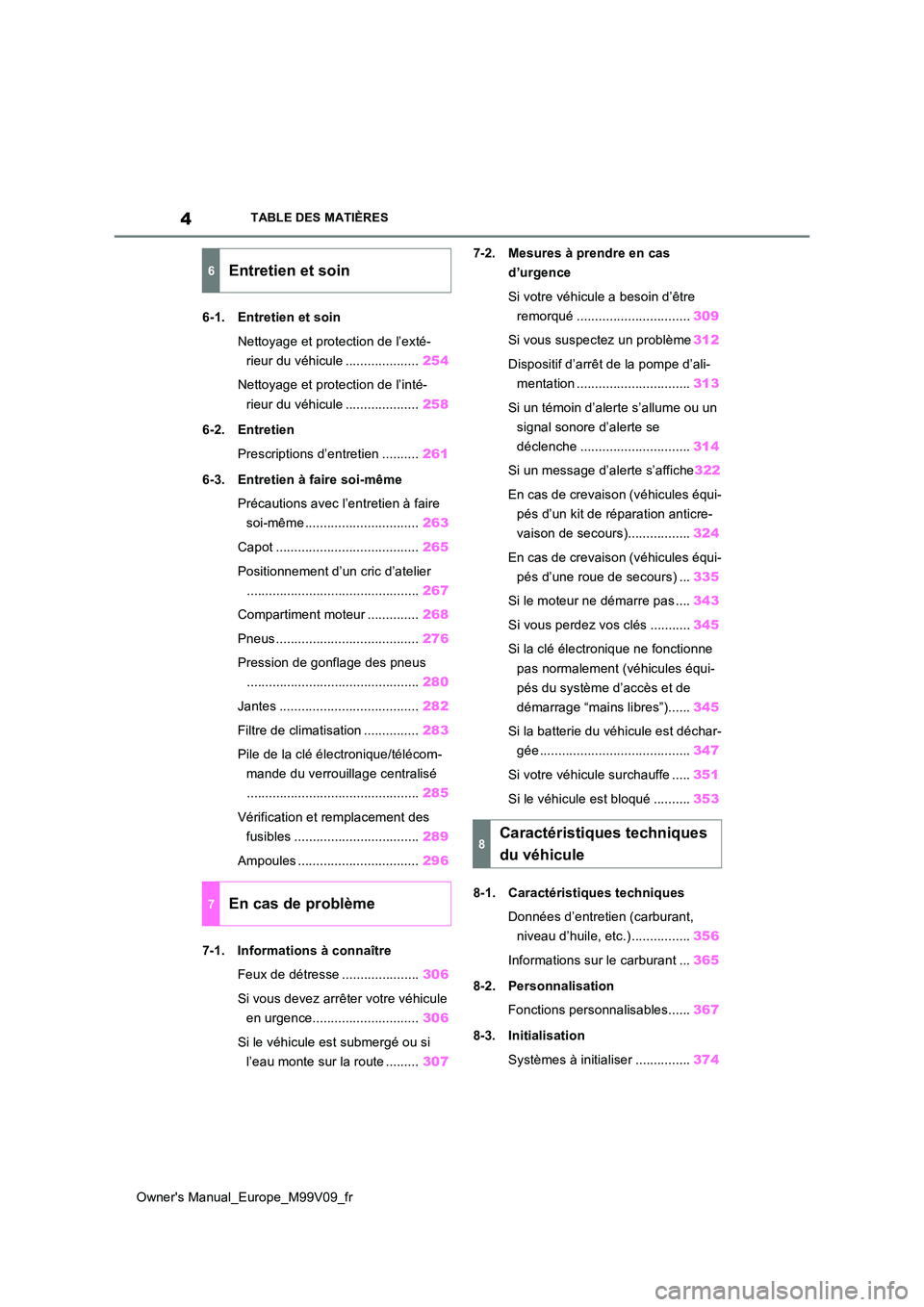 TOYOTA AYGO X 2022  Notices Demploi (in French) 4
Owner's Manual_Europe_M99V09_fr
TABLE DES MATIÈRES
6-1. Entretien et soin 
Nettoyage et protection de l’exté- 
rieur du véhicule .................... 254 
Nettoyage et protection de l’int