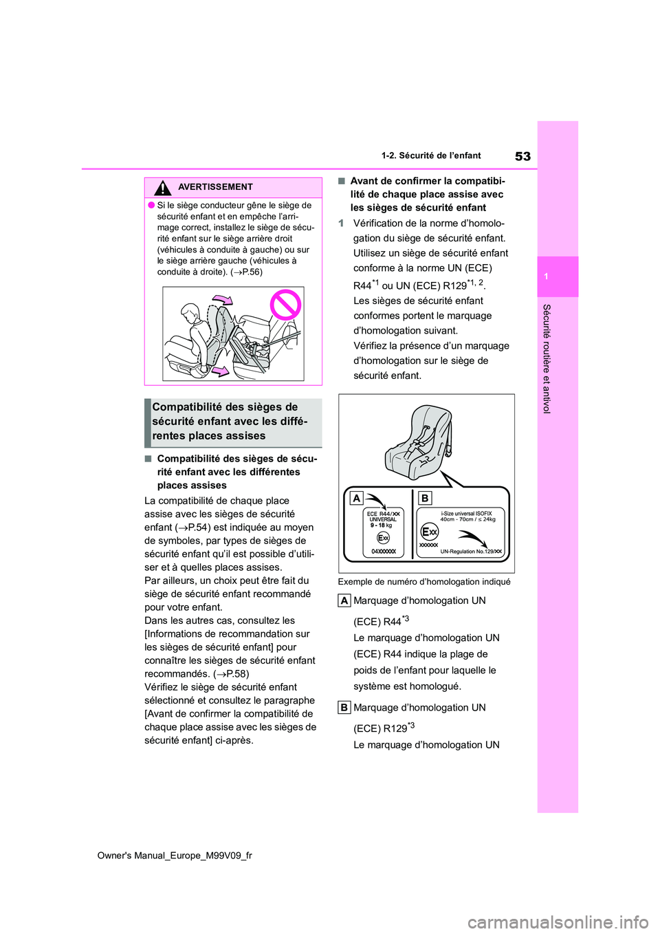 TOYOTA AYGO X 2022  Notices Demploi (in French) 53
1
Owner's Manual_Europe_M99V09_fr
1-2. Sécurité de l’enfant
Sécurité routière et antivol
■Compatibilité des sièges de sécu- 
rité enfant avec les différentes 
places assises 
La c