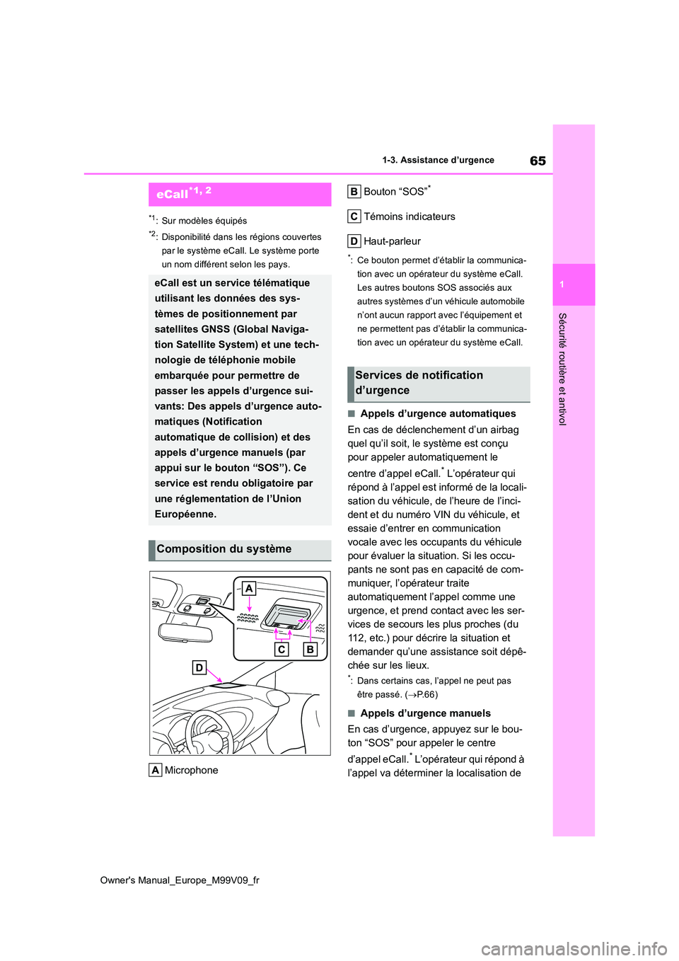 TOYOTA AYGO X 2022 Notices Demploi (in French) 65
1
Owner's Manual_Europe_M99V09_fr
1-3. Assistance d’urgence
Sécurité routière et antivol
1-3.Assistance d ’urgenc e
*1: Sur modèles équipés
*2: Disponibilité dans les régions couve TOYOTA AYGO X 2022 Notices Demploi (in French) 65
1
Owner's Manual_Europe_M99V09_fr
1-3. Assistance d’urgence
Sécurité routière et antivol
1-3.Assistance d ’urgenc e
*1: Sur modèles équipés
*2: Disponibilité dans les régions couve