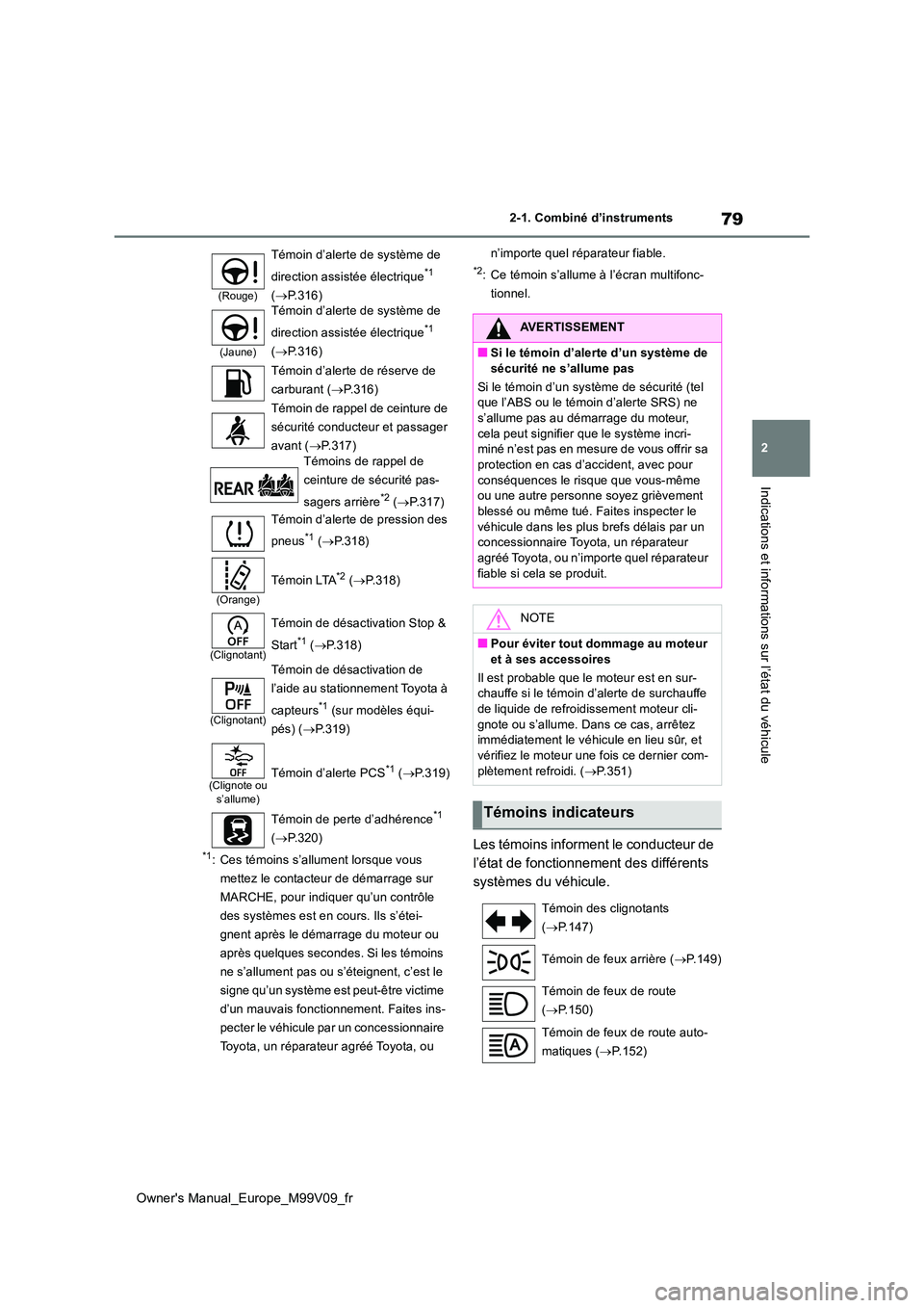 TOYOTA AYGO X 2022 Notices Demploi (in French) 79
2
Owner's Manual_Europe_M99V09_fr
2-1. Combiné d’instruments
Indications et informations sur l’état du véhicule
*1: Ces témoins s’allument lorsque vous
mettez le contacteur de déma TOYOTA AYGO X 2022 Notices Demploi (in French) 79
2
Owner's Manual_Europe_M99V09_fr
2-1. Combiné d’instruments
Indications et informations sur l’état du véhicule
*1: Ces témoins s’allument lorsque vous
mettez le contacteur de déma