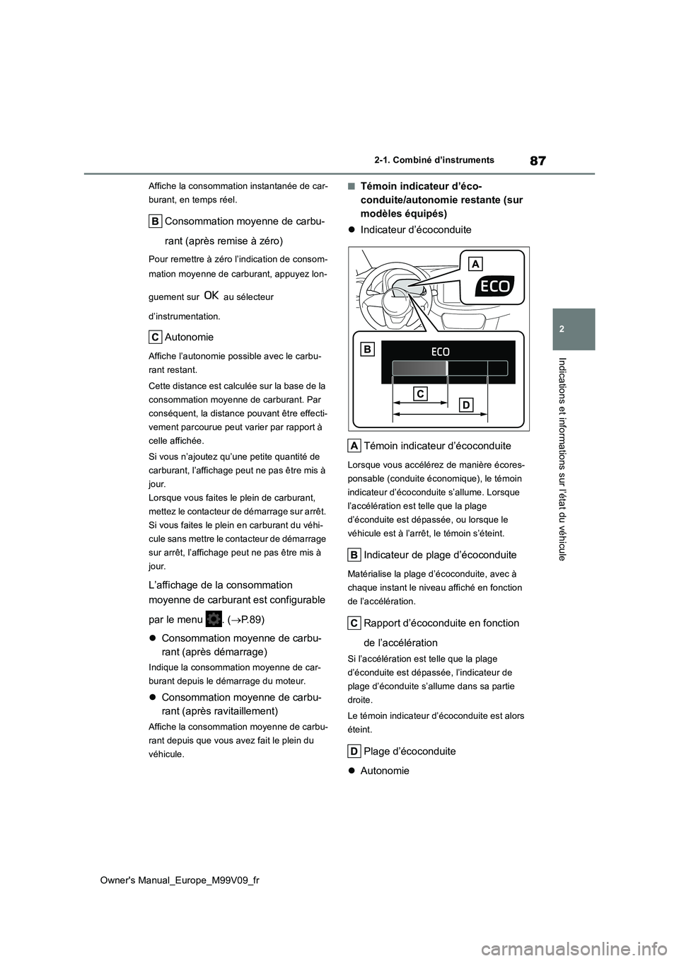 TOYOTA AYGO X 2022 Notices Demploi (in French) 87
2
Owner's Manual_Europe_M99V09_fr
2-1. Combiné d’instruments
Indications et informations sur l’état du véhicule
Affiche la consommation instantanée de car-
burant, en temps réel.
Cons TOYOTA AYGO X 2022 Notices Demploi (in French) 87
2
Owner's Manual_Europe_M99V09_fr
2-1. Combiné d’instruments
Indications et informations sur l’état du véhicule
Affiche la consommation instantanée de car-
burant, en temps réel.
Cons
