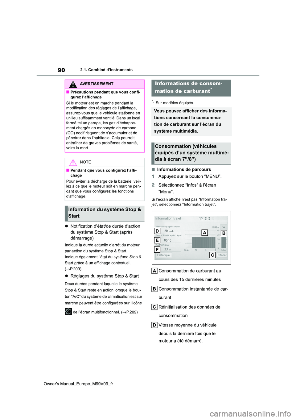 TOYOTA AYGO X 2022 Notices Demploi (in French) 90
Owner's Manual_Europe_M99V09_fr
2-1. Combiné d’instruments
Notification d’état/de durée d’action
du système Stop & Start (après
démarrage)
Indique la durée actuelle d’arrê TOYOTA AYGO X 2022 Notices Demploi (in French) 90
Owner's Manual_Europe_M99V09_fr
2-1. Combiné d’instruments
Notification d’état/de durée d’action
du système Stop & Start (après
démarrage)
Indique la durée actuelle d’arrê