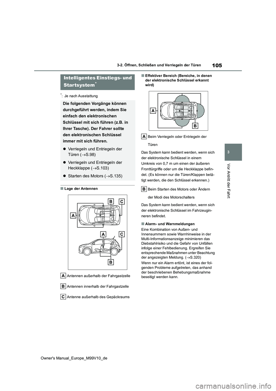 TOYOTA AYGO X 2022 Betriebsanleitungen (in German) 105
3
Owner's Manual_Europe_M99V10_de
3-2. Öffnen, Schließen und Verriegeln der Türen
Vor Antritt der Fahrt
*: Je nach Ausstattung
■Lage der Antennen
Antennen außerhalb der Fahrgastzelle
A TOYOTA AYGO X 2022 Betriebsanleitungen (in German) 105
3
Owner's Manual_Europe_M99V10_de
3-2. Öffnen, Schließen und Verriegeln der Türen
Vor Antritt der Fahrt
*: Je nach Ausstattung
■Lage der Antennen
Antennen außerhalb der Fahrgastzelle
A