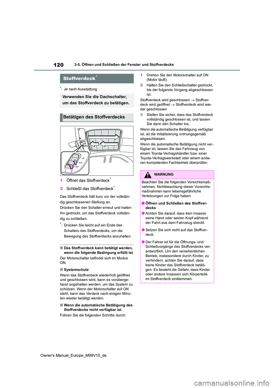 TOYOTA AYGO X 2022 Betriebsanleitungen (in German) 120
Owner's Manual_Europe_M99V10_de
3-5. Öffnen und Schließen der Fenster und Stoffverdecks
*: Je nach Ausstattung
1Öffnet das Stoffverdeck*
2Schließt das Stoffverdeck*
Das Stoffverdeck hält TOYOTA AYGO X 2022 Betriebsanleitungen (in German) 120
Owner's Manual_Europe_M99V10_de
3-5. Öffnen und Schließen der Fenster und Stoffverdecks
*: Je nach Ausstattung
1Öffnet das Stoffverdeck*
2Schließt das Stoffverdeck*
Das Stoffverdeck hält