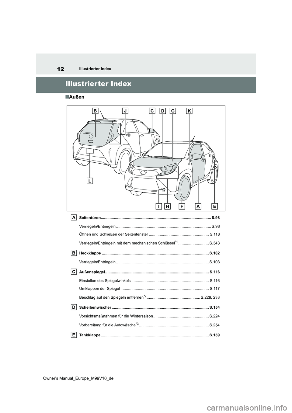 TOYOTA AYGO X 2022 Betriebsanleitungen (in German) 12
Owner's Manual_Europe_M99V10_de
Illustrierter Index
Illustrier ter Index
■Außen
Seitentüren.................................................................................................. TOYOTA AYGO X 2022 Betriebsanleitungen (in German) 12
Owner's Manual_Europe_M99V10_de
Illustrierter Index
Illustrier ter Index
■Außen
Seitentüren..................................................................................................
