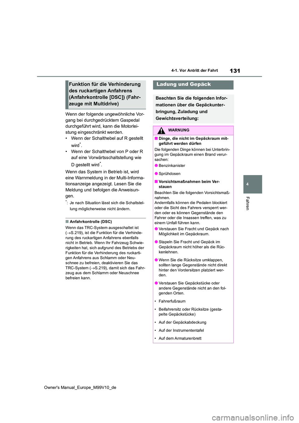 TOYOTA AYGO X 2022 Betriebsanleitungen (in German) 131
4
Owner's Manual_Europe_M99V10_de
4-1. Vor Antritt der Fahrt
Fahren
Wenn der folgende ungewöhnliche Vor-
gang bei durchgedrücktem Gaspedal
durchgeführt wird, kann die Motorlei-
stung eing TOYOTA AYGO X 2022 Betriebsanleitungen (in German) 131
4
Owner's Manual_Europe_M99V10_de
4-1. Vor Antritt der Fahrt
Fahren
Wenn der folgende ungewöhnliche Vor-
gang bei durchgedrücktem Gaspedal
durchgeführt wird, kann die Motorlei-
stung eing