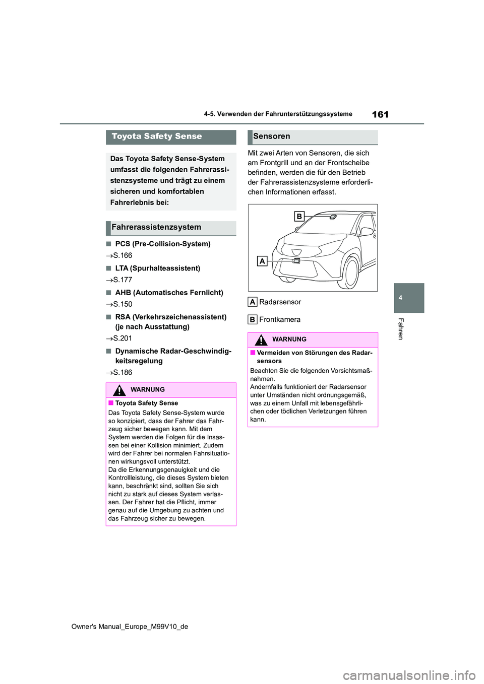 TOYOTA AYGO X 2022 Betriebsanleitungen (in German) 161
4
Owner's Manual_Europe_M99V10_de
4-5. Verwenden der Fahrunterstützungssysteme
Fahren
4-5.Verwende n d er Fah runterstü tzungss ysteme
■PCS (Pre-Collision-System)
S.166
■LTA (Spurha TOYOTA AYGO X 2022 Betriebsanleitungen (in German) 161
4
Owner's Manual_Europe_M99V10_de
4-5. Verwenden der Fahrunterstützungssysteme
Fahren
4-5.Verwende n d er Fah runterstü tzungss ysteme
■PCS (Pre-Collision-System)
S.166
■LTA (Spurha