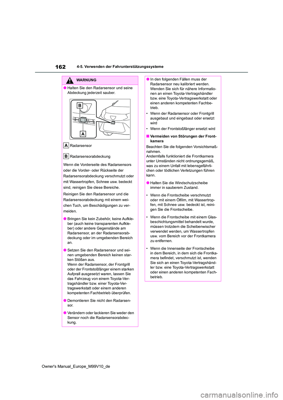 TOYOTA AYGO X 2022 Betriebsanleitungen (in German) 162
Owner's Manual_Europe_M99V10_de
4-5. Verwenden der Fahrunterstützungssysteme
WARNUNG
●Halten Sie den Radarsensor und seine
Abdeckung jederzeit sauber.
Radarsensor
Radarsensorabdeckung
TOYOTA AYGO X 2022 Betriebsanleitungen (in German) 162
Owner's Manual_Europe_M99V10_de
4-5. Verwenden der Fahrunterstützungssysteme
WARNUNG
●Halten Sie den Radarsensor und seine
Abdeckung jederzeit sauber.
Radarsensor
Radarsensorabdeckung