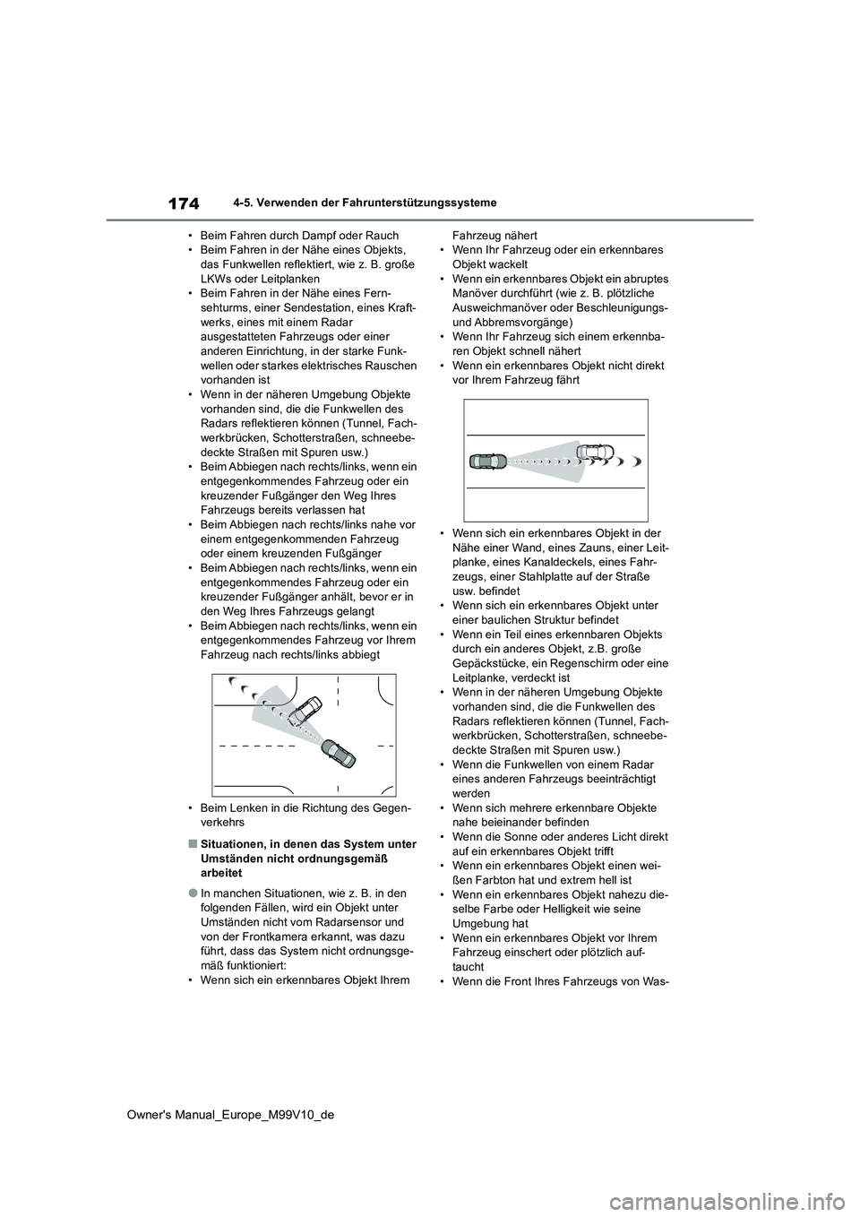 TOYOTA AYGO X 2022 Betriebsanleitungen (in German) 174
Owner's Manual_Europe_M99V10_de
4-5. Verwenden der Fahrunterstützungssysteme
• Beim Fahren durch Dampf oder Rauch • Beim Fahren in der Nähe eines Objekts, das Funkwellen reflektiert, wi TOYOTA AYGO X 2022 Betriebsanleitungen (in German) 174
Owner's Manual_Europe_M99V10_de
4-5. Verwenden der Fahrunterstützungssysteme
• Beim Fahren durch Dampf oder Rauch • Beim Fahren in der Nähe eines Objekts, das Funkwellen reflektiert, wi