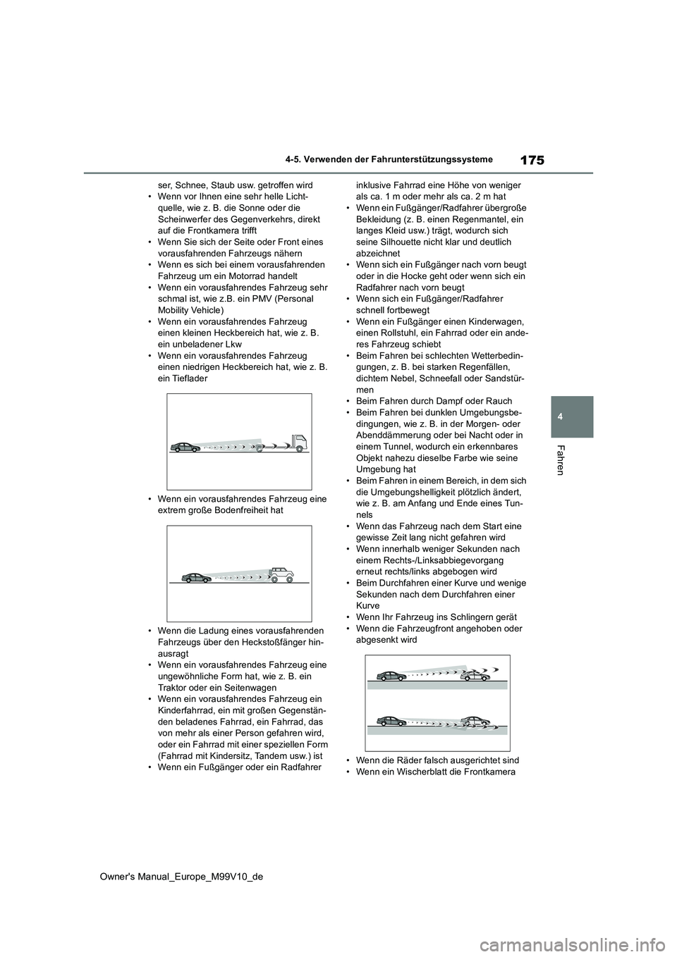 TOYOTA AYGO X 2022 Betriebsanleitungen (in German) 175
4
Owner's Manual_Europe_M99V10_de
4-5. Verwenden der Fahrunterstützungssysteme
Fahren
ser, Schnee, Staub usw. getroffen wird • Wenn vor Ihnen eine sehr helle Licht-quelle, wie z. B. die Son TOYOTA AYGO X 2022 Betriebsanleitungen (in German) 175
4
Owner's Manual_Europe_M99V10_de
4-5. Verwenden der Fahrunterstützungssysteme
Fahren
ser, Schnee, Staub usw. getroffen wird • Wenn vor Ihnen eine sehr helle Licht-quelle, wie z. B. die Son