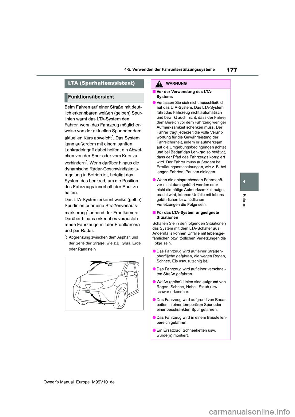 TOYOTA AYGO X 2022 Betriebsanleitungen (in German) 177
4
Owner's Manual_Europe_M99V10_de
4-5. Verwenden der Fahrunterstützungssysteme
Fahren
Beim Fahren auf einer Straße mit deut-
lich erkennbaren weißen (gelben) Spur-
linien warnt das LTA-Sys TOYOTA AYGO X 2022 Betriebsanleitungen (in German) 177
4
Owner's Manual_Europe_M99V10_de
4-5. Verwenden der Fahrunterstützungssysteme
Fahren
Beim Fahren auf einer Straße mit deut-
lich erkennbaren weißen (gelben) Spur-
linien warnt das LTA-Sys