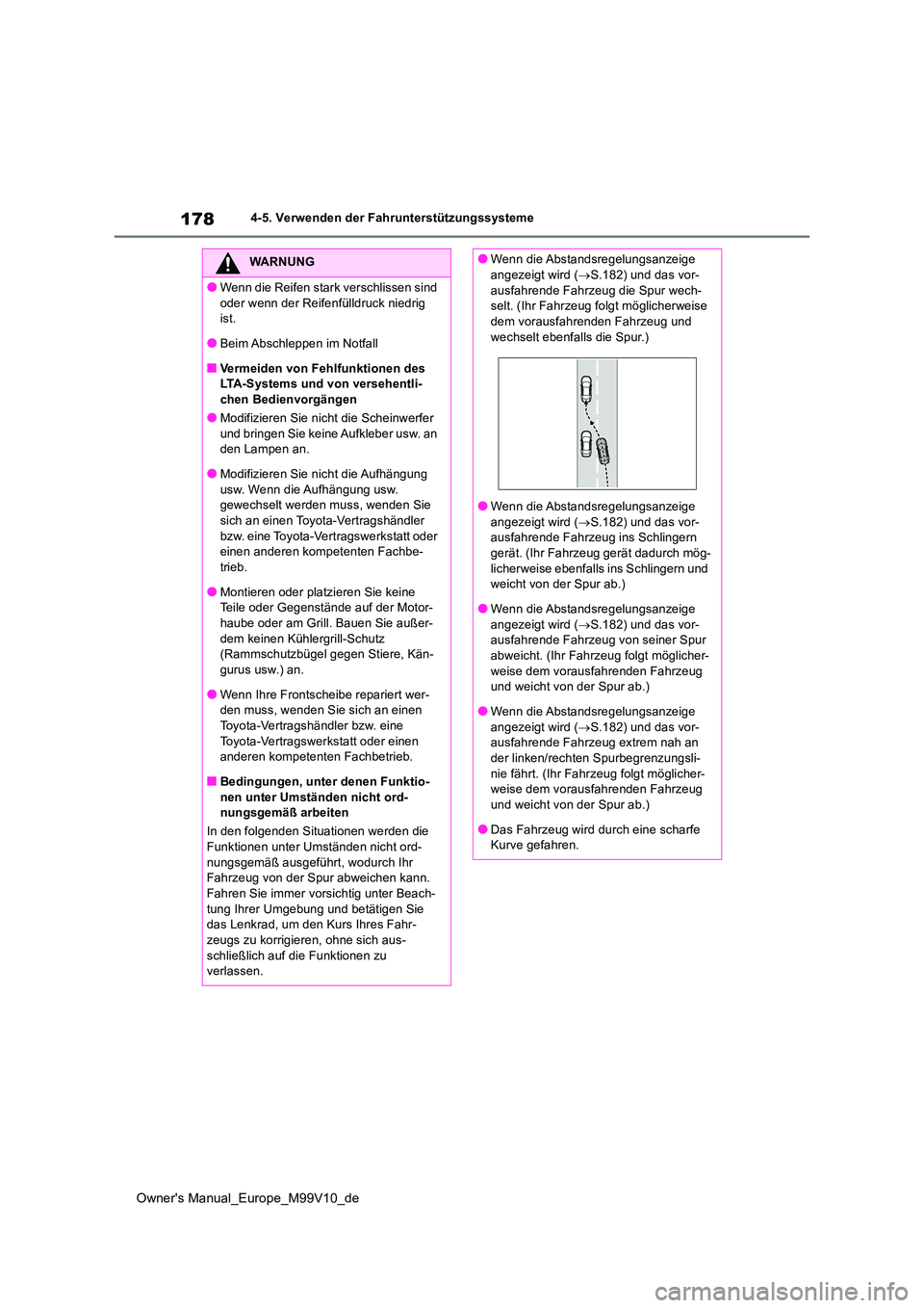 TOYOTA AYGO X 2022 Betriebsanleitungen (in German) 178
Owner's Manual_Europe_M99V10_de
4-5. Verwenden der Fahrunterstützungssysteme
WARNUNG
●Wenn die Reifen stark verschlissen sind
oder wenn der Reifenfülldruck niedrig ist.
●Beim Abschlep TOYOTA AYGO X 2022 Betriebsanleitungen (in German) 178
Owner's Manual_Europe_M99V10_de
4-5. Verwenden der Fahrunterstützungssysteme
WARNUNG
●Wenn die Reifen stark verschlissen sind
oder wenn der Reifenfülldruck niedrig ist.
●Beim Abschlep