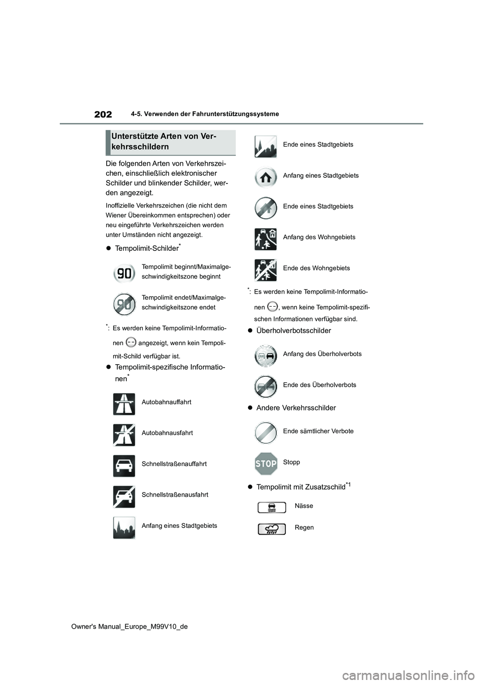 TOYOTA AYGO X 2022 Betriebsanleitungen (in German) 202
Owner's Manual_Europe_M99V10_de
4-5. Verwenden der Fahrunterstützungssysteme
Die folgenden Arten von Verkehrszei-
chen, einschließlich elektronischer
Schilder und blinkender Schilder, wer- TOYOTA AYGO X 2022 Betriebsanleitungen (in German) 202
Owner's Manual_Europe_M99V10_de
4-5. Verwenden der Fahrunterstützungssysteme
Die folgenden Arten von Verkehrszei-
chen, einschließlich elektronischer
Schilder und blinkender Schilder, wer-