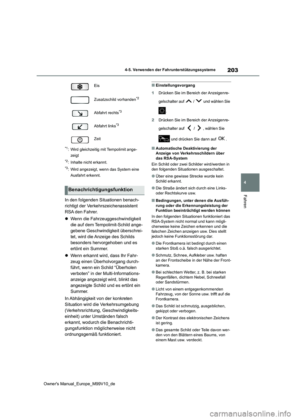 TOYOTA AYGO X 2022 Betriebsanleitungen (in German) 203
4
Owner's Manual_Europe_M99V10_de
4-5. Verwenden der Fahrunterstützungssysteme
Fahren
*1: Wird gleichzeitig mit Tempolimit ange-
zeigt
*2: Inhalte nicht erkannt.
*3: Wird angezeigt, wenn das TOYOTA AYGO X 2022 Betriebsanleitungen (in German) 203
4
Owner's Manual_Europe_M99V10_de
4-5. Verwenden der Fahrunterstützungssysteme
Fahren
*1: Wird gleichzeitig mit Tempolimit ange-
zeigt
*2: Inhalte nicht erkannt.
*3: Wird angezeigt, wenn das