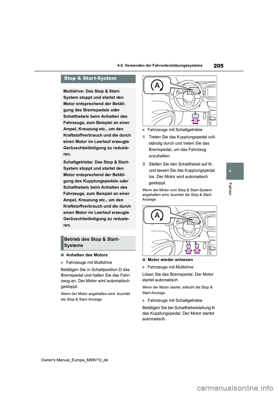 TOYOTA AYGO X 2022 Betriebsanleitungen (in German) 205
4
Owner's Manual_Europe_M99V10_de
4-5. Verwenden der Fahrunterstützungssysteme
Fahren
■Anhalten des Motors
Fahrzeuge mit Multidrive
Betätigen Sie in Schaltposition D das
Bremspedal u TOYOTA AYGO X 2022 Betriebsanleitungen (in German) 205
4
Owner's Manual_Europe_M99V10_de
4-5. Verwenden der Fahrunterstützungssysteme
Fahren
■Anhalten des Motors
Fahrzeuge mit Multidrive
Betätigen Sie in Schaltposition D das
Bremspedal u