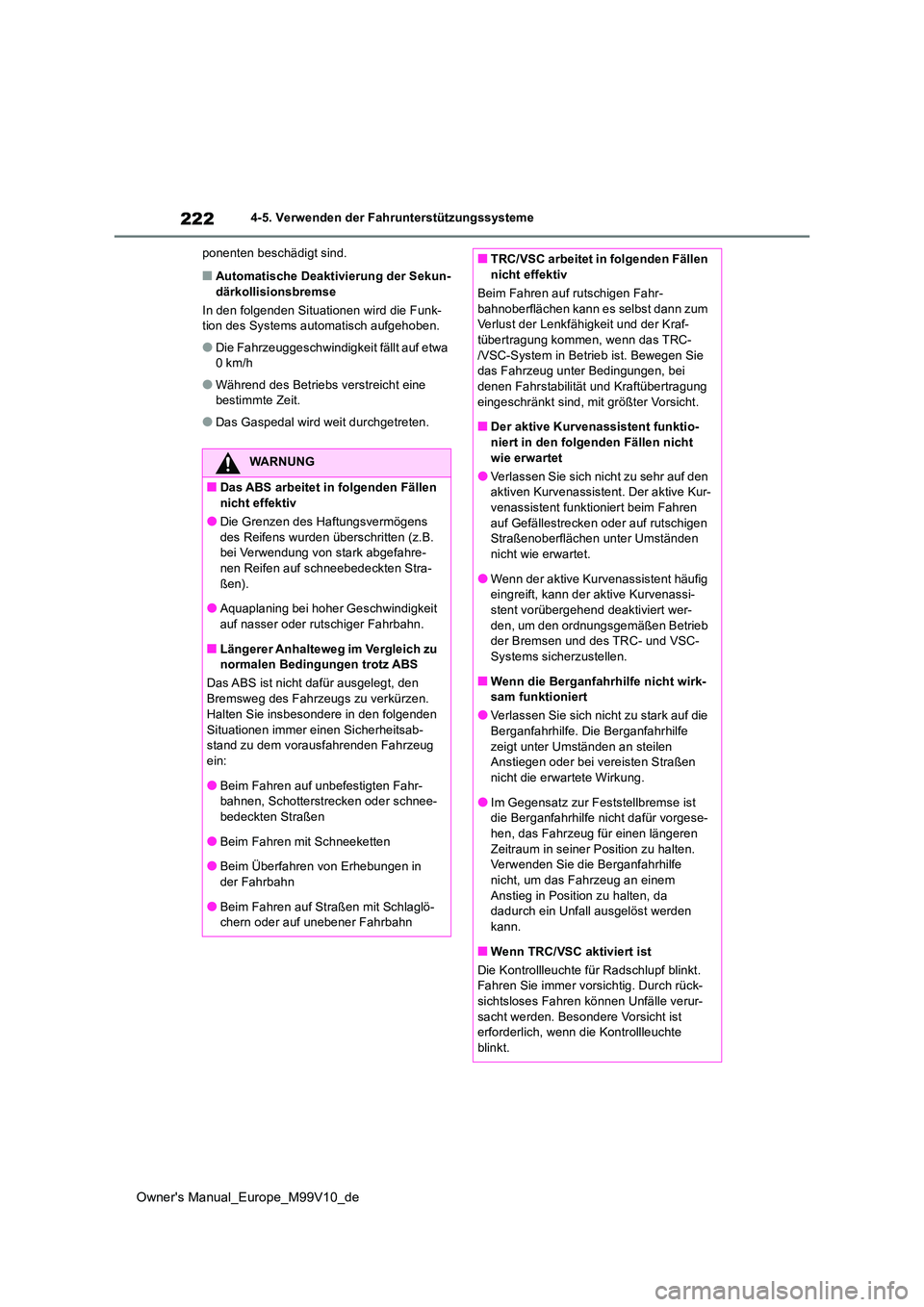 TOYOTA AYGO X 2022 Betriebsanleitungen (in German) 222
Owner's Manual_Europe_M99V10_de
4-5. Verwenden der Fahrunterstützungssysteme
ponenten beschädigt sind.
■Automatische Deaktivierung der Sekun- därkollisionsbremse
In den folgenden Situat TOYOTA AYGO X 2022 Betriebsanleitungen (in German) 222
Owner's Manual_Europe_M99V10_de
4-5. Verwenden der Fahrunterstützungssysteme
ponenten beschädigt sind.
■Automatische Deaktivierung der Sekun- därkollisionsbremse
In den folgenden Situat