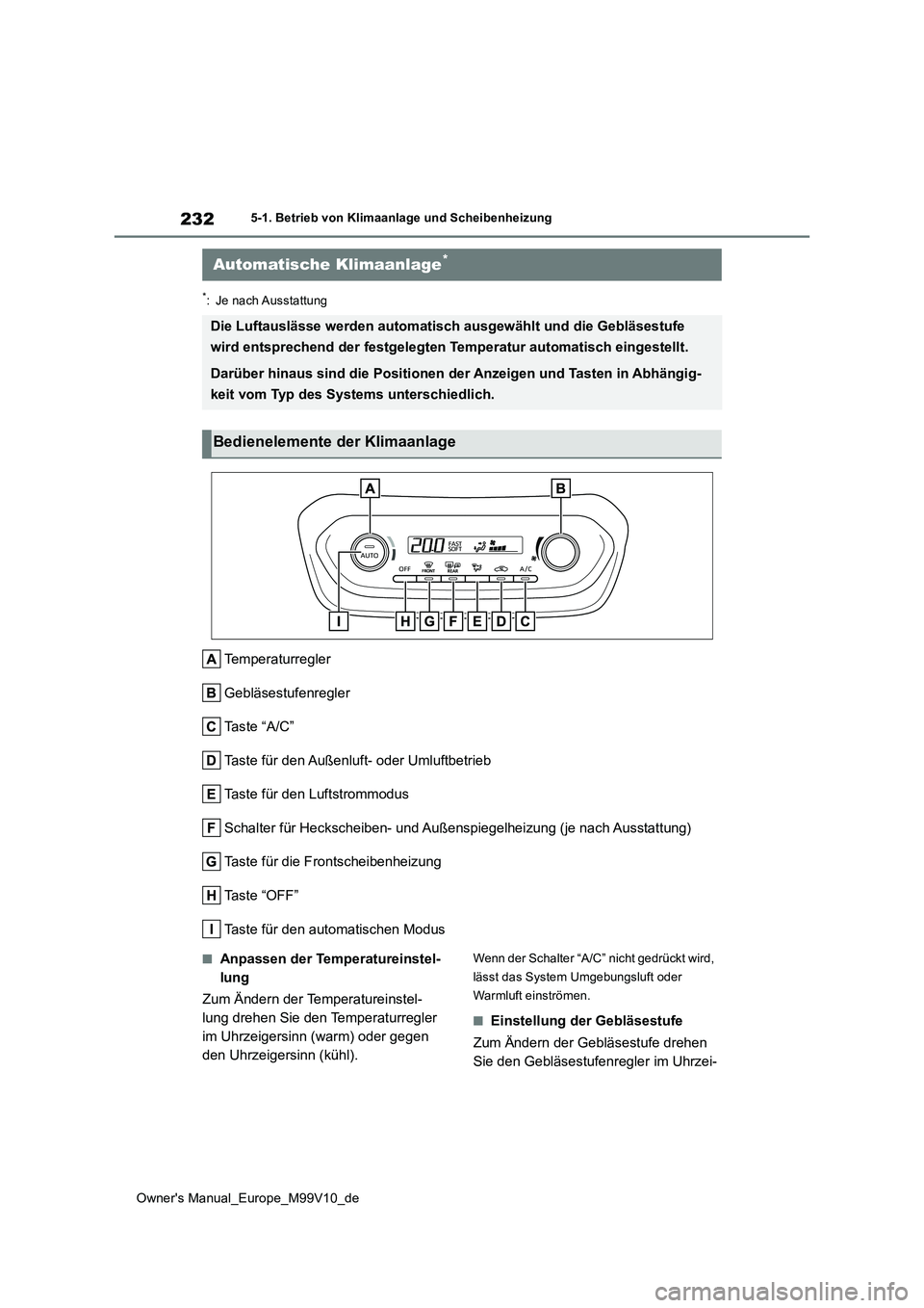 TOYOTA AYGO X 2022 Betriebsanleitungen (in German) 232
Owner's Manual_Europe_M99V10_de
5-1. Betrieb von Klimaanlage und Scheibenheizung
*: Je nach Ausstattung
Temperaturregler
Gebläsestufenregler
Ta s t e “ A / C ”
Taste für den Außenluf TOYOTA AYGO X 2022 Betriebsanleitungen (in German) 232
Owner's Manual_Europe_M99V10_de
5-1. Betrieb von Klimaanlage und Scheibenheizung
*: Je nach Ausstattung
Temperaturregler
Gebläsestufenregler
Ta s t e “ A / C ”
Taste für den Außenluf