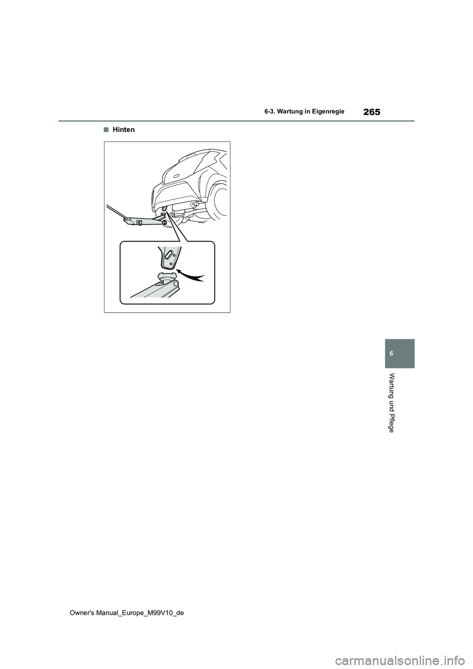 TOYOTA AYGO X 2022 Betriebsanleitungen (in German) 265
6
Owner's Manual_Europe_M99V10_de
6-3. Wartung in Eigenregie
Wartung und Pflege
■Hinten TOYOTA AYGO X 2022 Betriebsanleitungen (in German) 265
6
Owner's Manual_Europe_M99V10_de
6-3. Wartung in Eigenregie
Wartung und Pflege
■Hinten