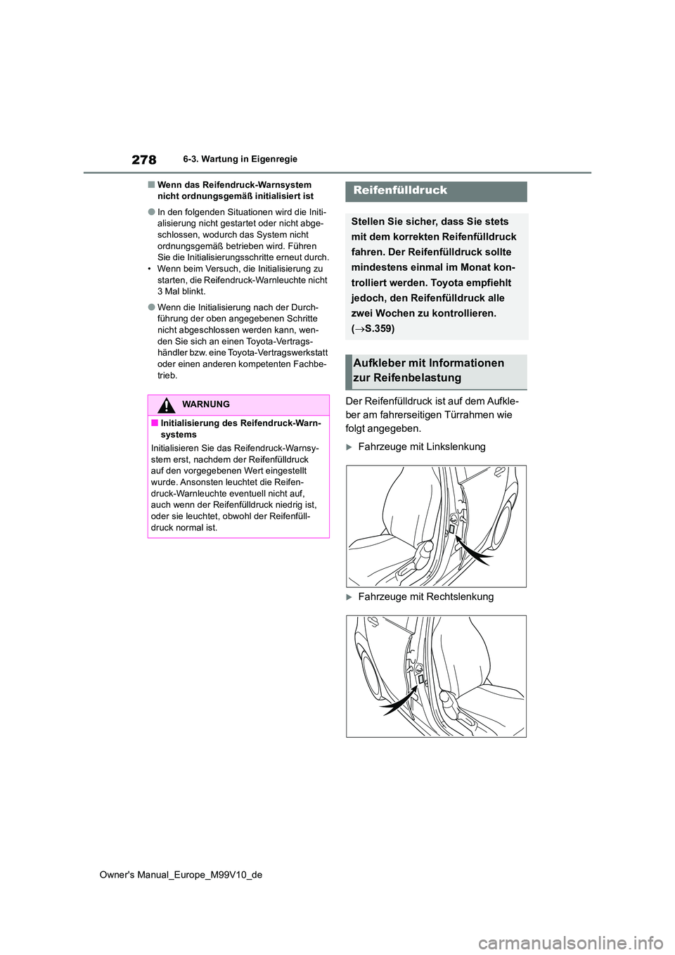 TOYOTA AYGO X 2022 Betriebsanleitungen (in German) 278
Owner's Manual_Europe_M99V10_de
6-3. Wartung in Eigenregie
■Wenn das Reifendruck-Warnsystem nicht ordnungsgemäß initialisiert ist
●In den folgenden Situationen wird die Initi-alisierung TOYOTA AYGO X 2022 Betriebsanleitungen (in German) 278
Owner's Manual_Europe_M99V10_de
6-3. Wartung in Eigenregie
■Wenn das Reifendruck-Warnsystem nicht ordnungsgemäß initialisiert ist
●In den folgenden Situationen wird die Initi-alisierung