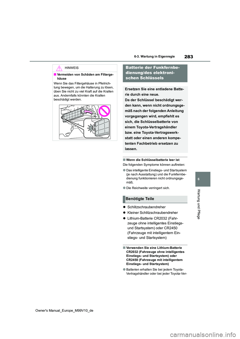 TOYOTA AYGO X 2022  Betriebsanleitungen (in German) 283
6
Owner's Manual_Europe_M99V10_de
6-3. Wartung in Eigenregie
Wartung und Pflege
■Wenn die Schlüsselbatterie leer ist 
Die folgenden Symptome können auftreten:
●Das intelligente Einstiegs