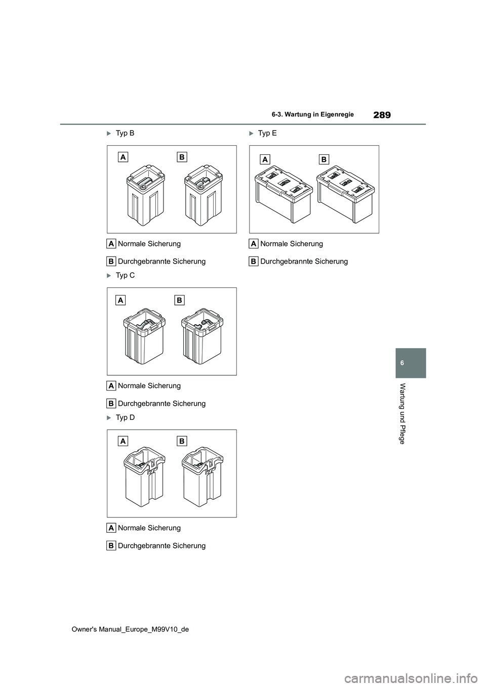 TOYOTA AYGO X 2022  Betriebsanleitungen (in German) 289
6
Owner's Manual_Europe_M99V10_de
6-3. Wartung in Eigenregie
Wartung und Pflege
Ty p   B 
Normale Sicherung 
Durchgebrannte Sicherung
Ty p   C 
Normale Sicherung 
Durchgebrannte Sicherun
