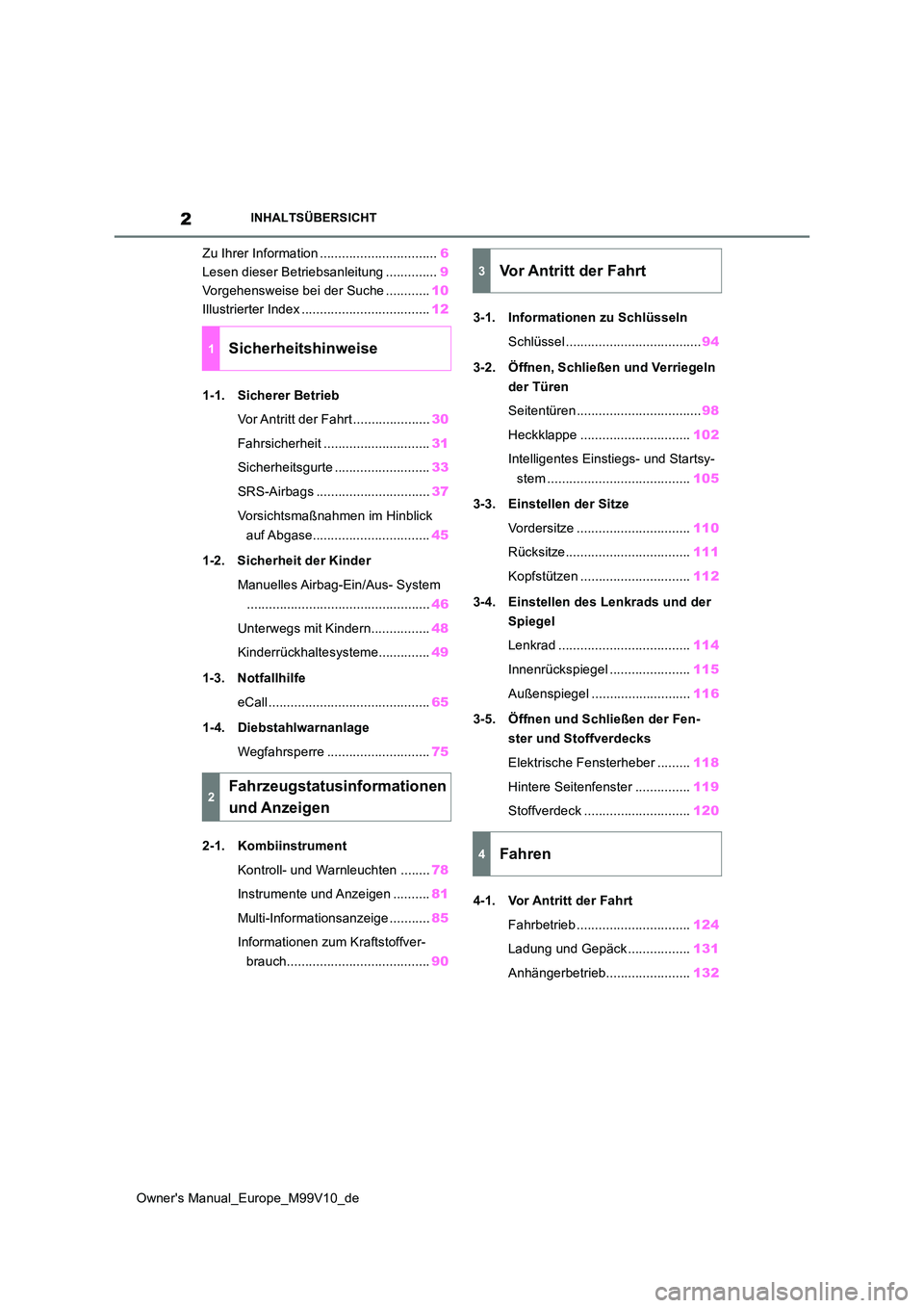 TOYOTA AYGO X 2022 Betriebsanleitungen (in German) 2
Owner's Manual_Europe_M99V10_de
INHALTSÜBERSICHT
Zu Ihrer Information ................................6
Lesen dieser Betriebsanleitung .............. 9
Vorgehensweise bei der Suche .......... TOYOTA AYGO X 2022 Betriebsanleitungen (in German) 2
Owner's Manual_Europe_M99V10_de
INHALTSÜBERSICHT
Zu Ihrer Information ................................6
Lesen dieser Betriebsanleitung .............. 9
Vorgehensweise bei der Suche ..........