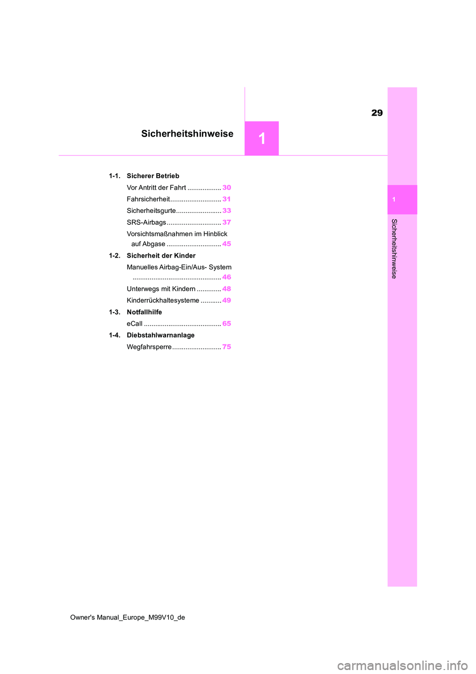 TOYOTA AYGO X 2022  Betriebsanleitungen (in German) 1
29
Owner's Manual_Europe_M99V10_de
1
Sicherheitshinweise
Sicherheitshinweise
1-1. Sicherer Betrieb 
Vor Antritt der Fahrt .................. 30 
Fahrsicherheit ........................... 31 
Si