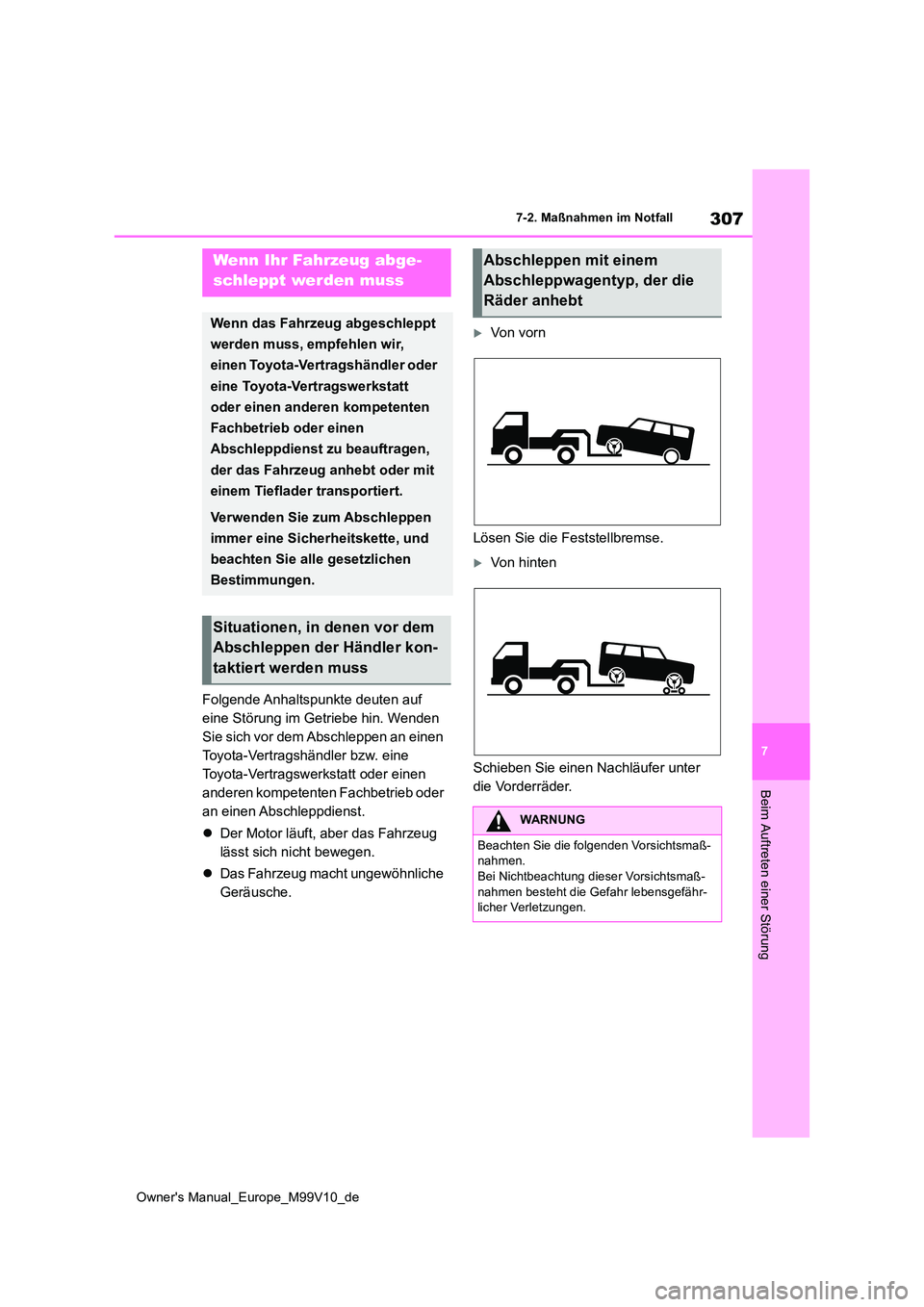 TOYOTA AYGO X 2022  Betriebsanleitungen (in German) 307
7
Owner's Manual_Europe_M99V10_de
7-2. Maßnahmen im Notfall
Beim Auftreten einer Störung
7-2.Maßna hmen im Notfall
Folgende Anhaltspunkte deuten auf  
eine Störung im Getriebe hin. Wenden 