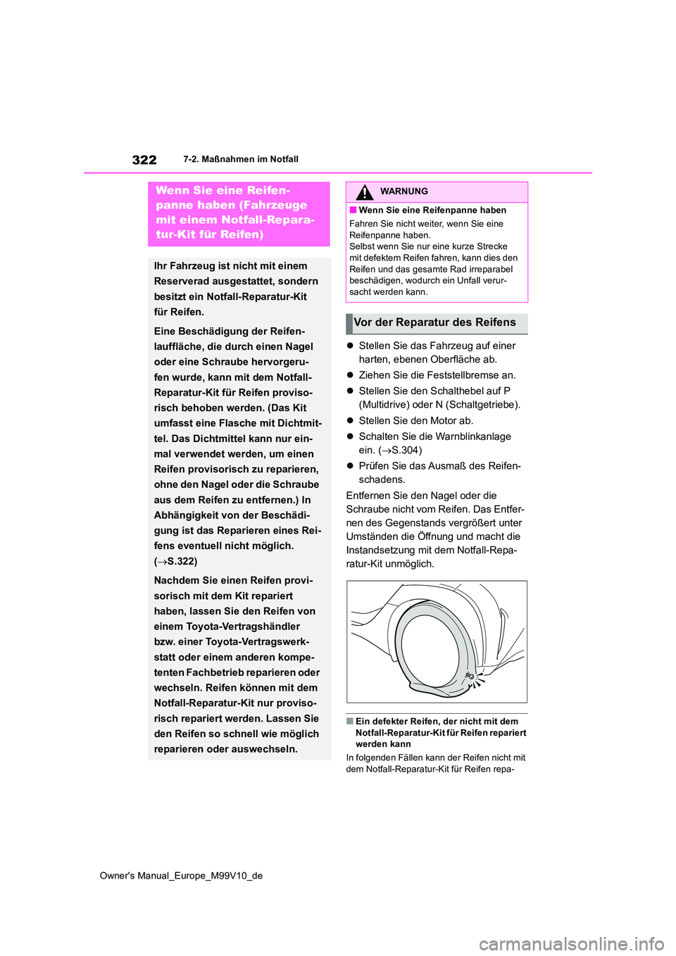 TOYOTA AYGO X 2022 Betriebsanleitungen (in German) 322
Owner's Manual_Europe_M99V10_de
7-2. Maßnahmen im Notfall
Stellen Sie das Fahrzeug auf einer
harten, ebenen Oberfläche ab.
Ziehen Sie die Feststellbremse an.
Stellen Sie den S TOYOTA AYGO X 2022 Betriebsanleitungen (in German) 322
Owner's Manual_Europe_M99V10_de
7-2. Maßnahmen im Notfall
Stellen Sie das Fahrzeug auf einer
harten, ebenen Oberfläche ab.
Ziehen Sie die Feststellbremse an.
Stellen Sie den S