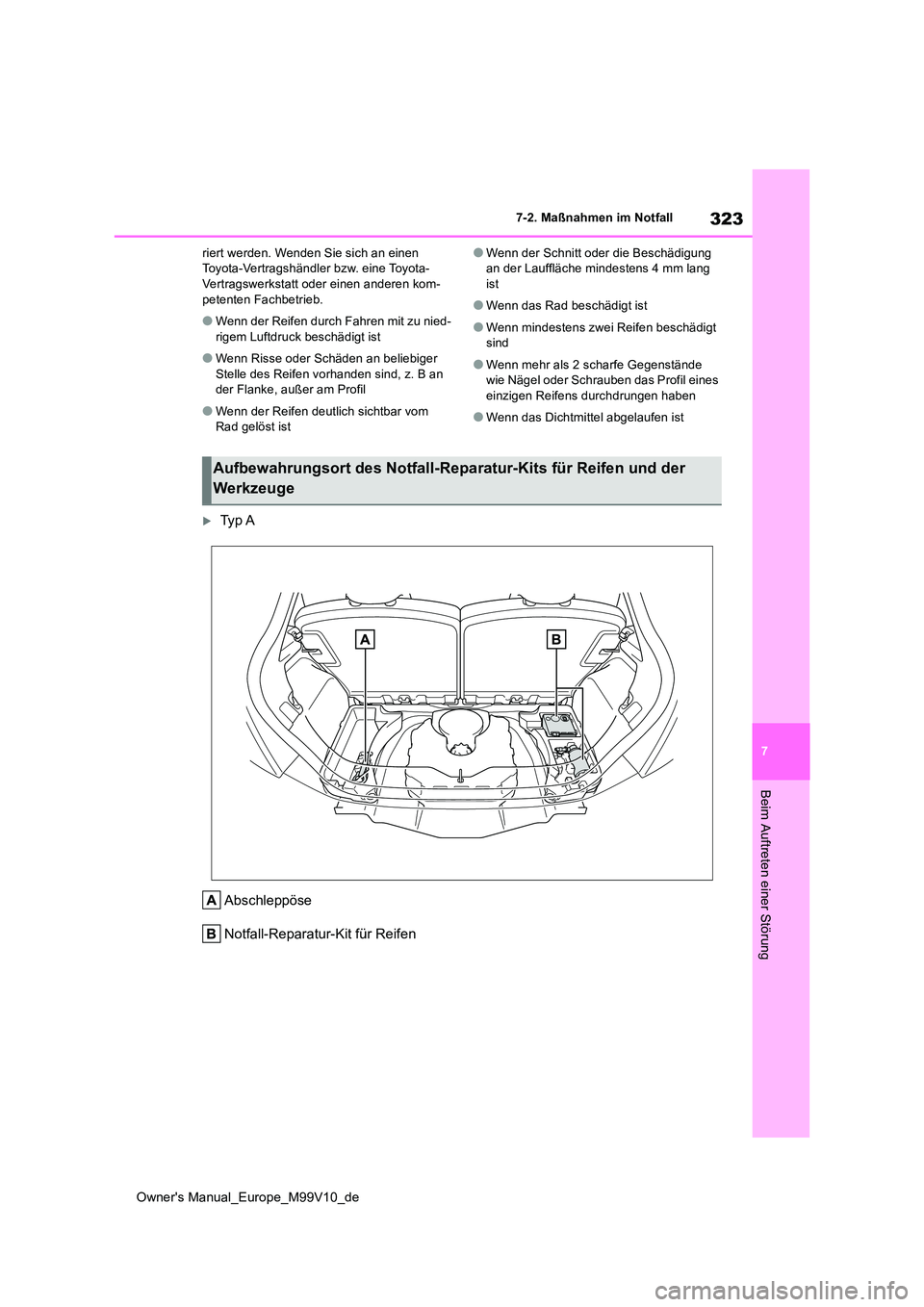 TOYOTA AYGO X 2022 Betriebsanleitungen (in German) 323
7
Owner's Manual_Europe_M99V10_de
7-2. Maßnahmen im Notfall
Beim Auftreten einer Störung
riert werden. Wenden Sie sich an einen Toyota-Vertragshändler bzw. eine Toyota-Vertragswerkstatt od TOYOTA AYGO X 2022 Betriebsanleitungen (in German) 323
7
Owner's Manual_Europe_M99V10_de
7-2. Maßnahmen im Notfall
Beim Auftreten einer Störung
riert werden. Wenden Sie sich an einen Toyota-Vertragshändler bzw. eine Toyota-Vertragswerkstatt od