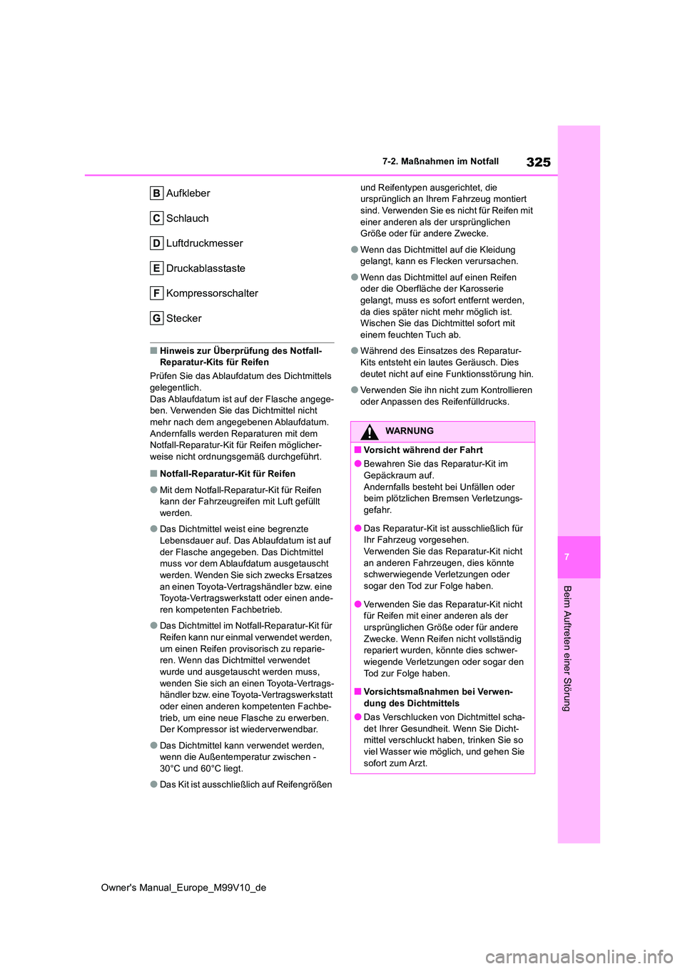 TOYOTA AYGO X 2022 Betriebsanleitungen (in German) 325
7
Owner's Manual_Europe_M99V10_de
7-2. Maßnahmen im Notfall
Beim Auftreten einer Störung
Aufkleber
Schlauch
Luftdruckmesser
Druckablasstaste
Kompressorschalter
Stecker
■Hinweis zur Überp TOYOTA AYGO X 2022 Betriebsanleitungen (in German) 325
7
Owner's Manual_Europe_M99V10_de
7-2. Maßnahmen im Notfall
Beim Auftreten einer Störung
Aufkleber
Schlauch
Luftdruckmesser
Druckablasstaste
Kompressorschalter
Stecker
■Hinweis zur Überp