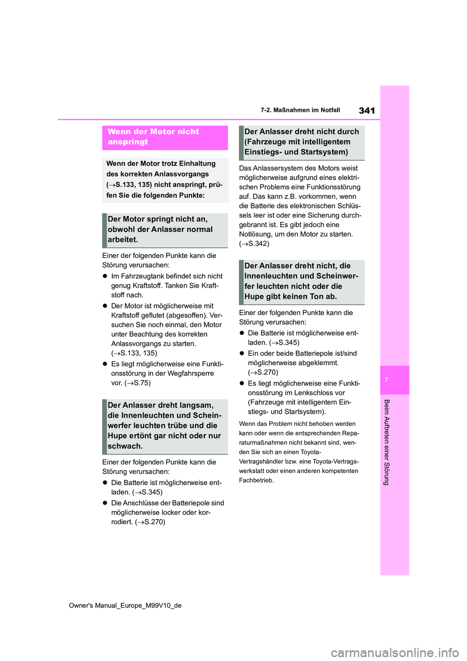 TOYOTA AYGO X 2022 Betriebsanleitungen (in German) 341
7
Owner's Manual_Europe_M99V10_de
7-2. Maßnahmen im Notfall
Beim Auftreten einer Störung
Einer der folgenden Punkte kann die
Störung verursachen:
Im Fahrzeugtank befindet sich nicht TOYOTA AYGO X 2022 Betriebsanleitungen (in German) 341
7
Owner's Manual_Europe_M99V10_de
7-2. Maßnahmen im Notfall
Beim Auftreten einer Störung
Einer der folgenden Punkte kann die
Störung verursachen:
Im Fahrzeugtank befindet sich nicht