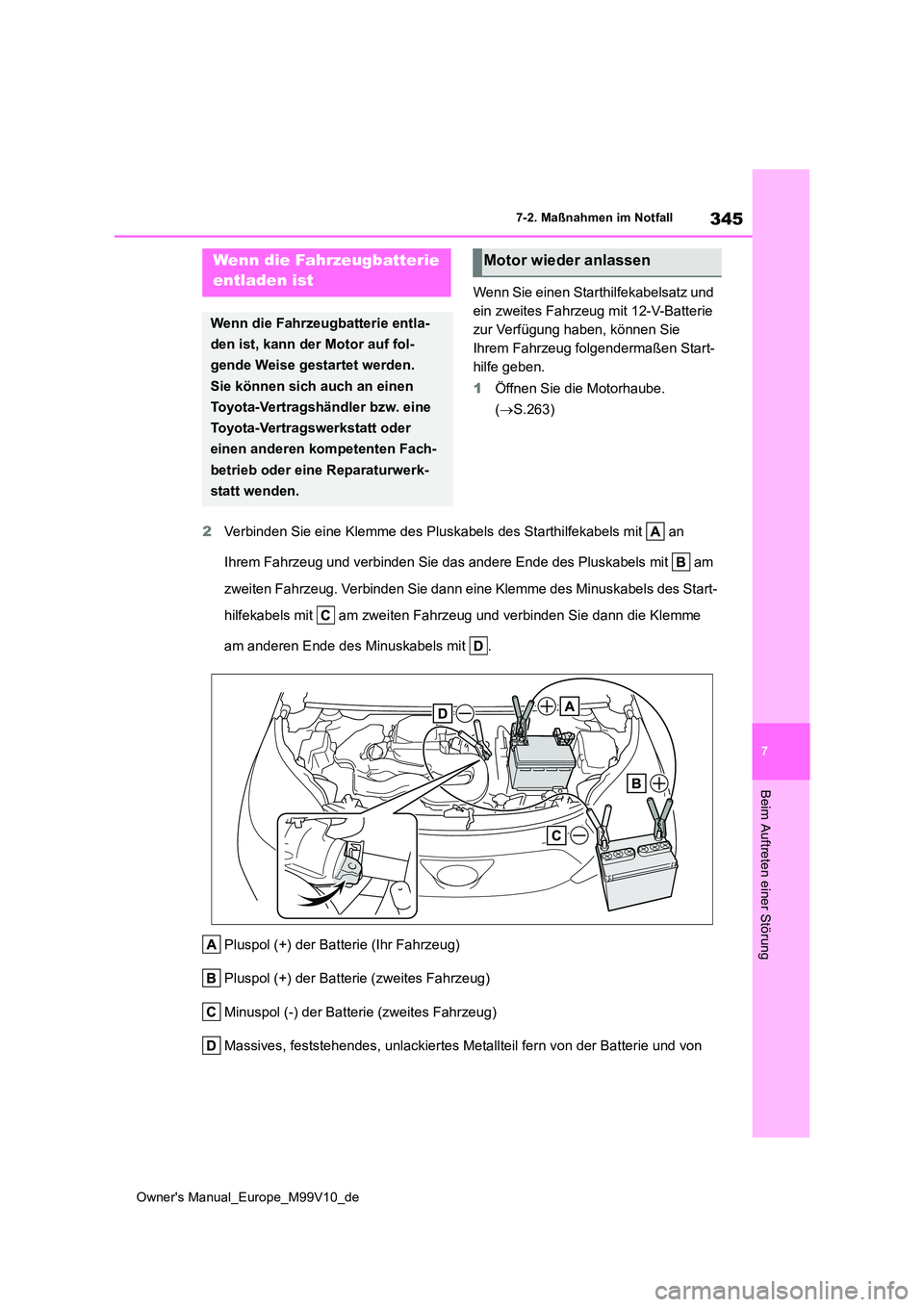 TOYOTA AYGO X 2022 Betriebsanleitungen (in German) 345
7
Owner's Manual_Europe_M99V10_de
7-2. Maßnahmen im Notfall
Beim Auftreten einer Störung
Wenn Sie einen Starthilfekabelsatz und
ein zweites Fahrzeug mit 12-V-Batterie
zur Verfügung haben TOYOTA AYGO X 2022 Betriebsanleitungen (in German) 345
7
Owner's Manual_Europe_M99V10_de
7-2. Maßnahmen im Notfall
Beim Auftreten einer Störung
Wenn Sie einen Starthilfekabelsatz und
ein zweites Fahrzeug mit 12-V-Batterie
zur Verfügung haben