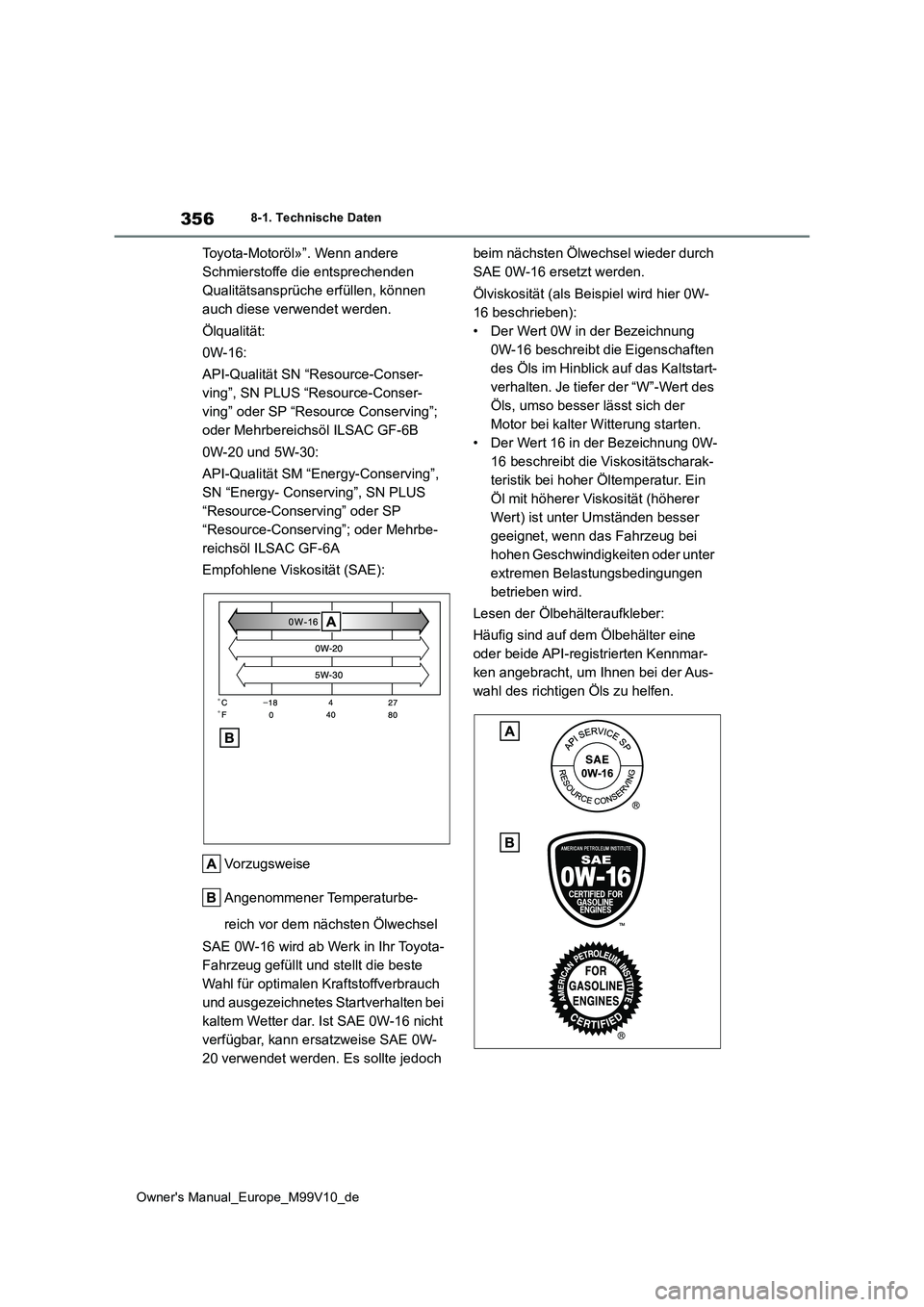 TOYOTA AYGO X 2022 Betriebsanleitungen (in German) 356
Owner's Manual_Europe_M99V10_de
8-1. Technische Daten
Toyota-Motoröl»”. Wenn andere
Schmierstoffe die entsprechenden
Qualitätsansprüche erfüllen, können
auch diese verwendet werden TOYOTA AYGO X 2022 Betriebsanleitungen (in German) 356
Owner's Manual_Europe_M99V10_de
8-1. Technische Daten
Toyota-Motoröl»”. Wenn andere
Schmierstoffe die entsprechenden
Qualitätsansprüche erfüllen, können
auch diese verwendet werden