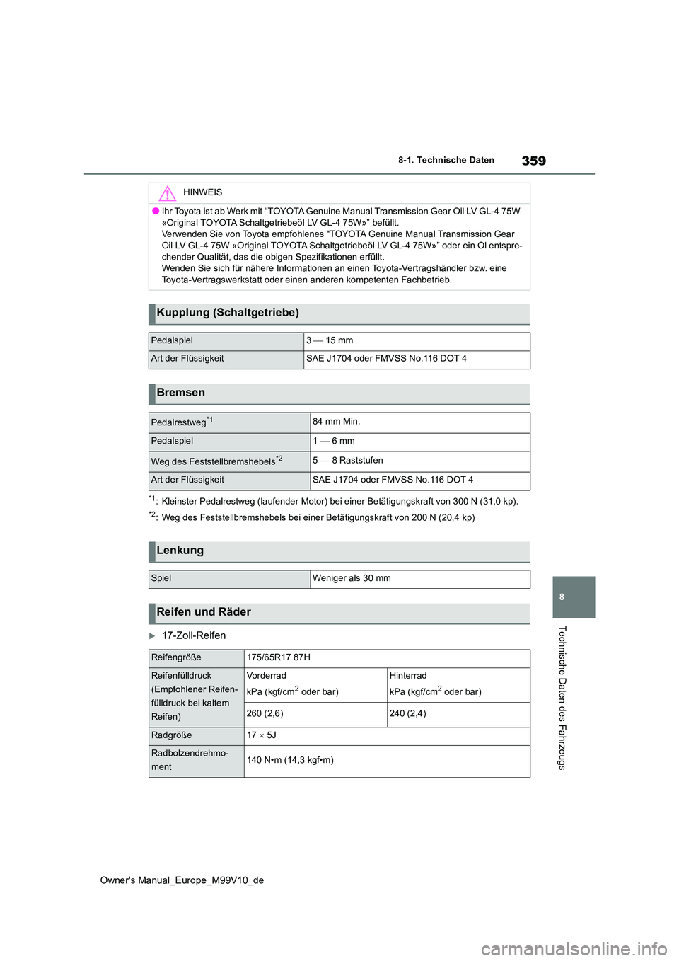 TOYOTA AYGO X 2022 Betriebsanleitungen (in German) 359
8
Owner's Manual_Europe_M99V10_de
8-1. Technische Daten
Technische Daten des Fahrzeugs
*1: Kleinster Pedalrestweg (laufender Motor) bei einer Betätigungskraft von 300 N (31,0 kp).
*2: Weg des TOYOTA AYGO X 2022 Betriebsanleitungen (in German) 359
8
Owner's Manual_Europe_M99V10_de
8-1. Technische Daten
Technische Daten des Fahrzeugs
*1: Kleinster Pedalrestweg (laufender Motor) bei einer Betätigungskraft von 300 N (31,0 kp).
*2: Weg des