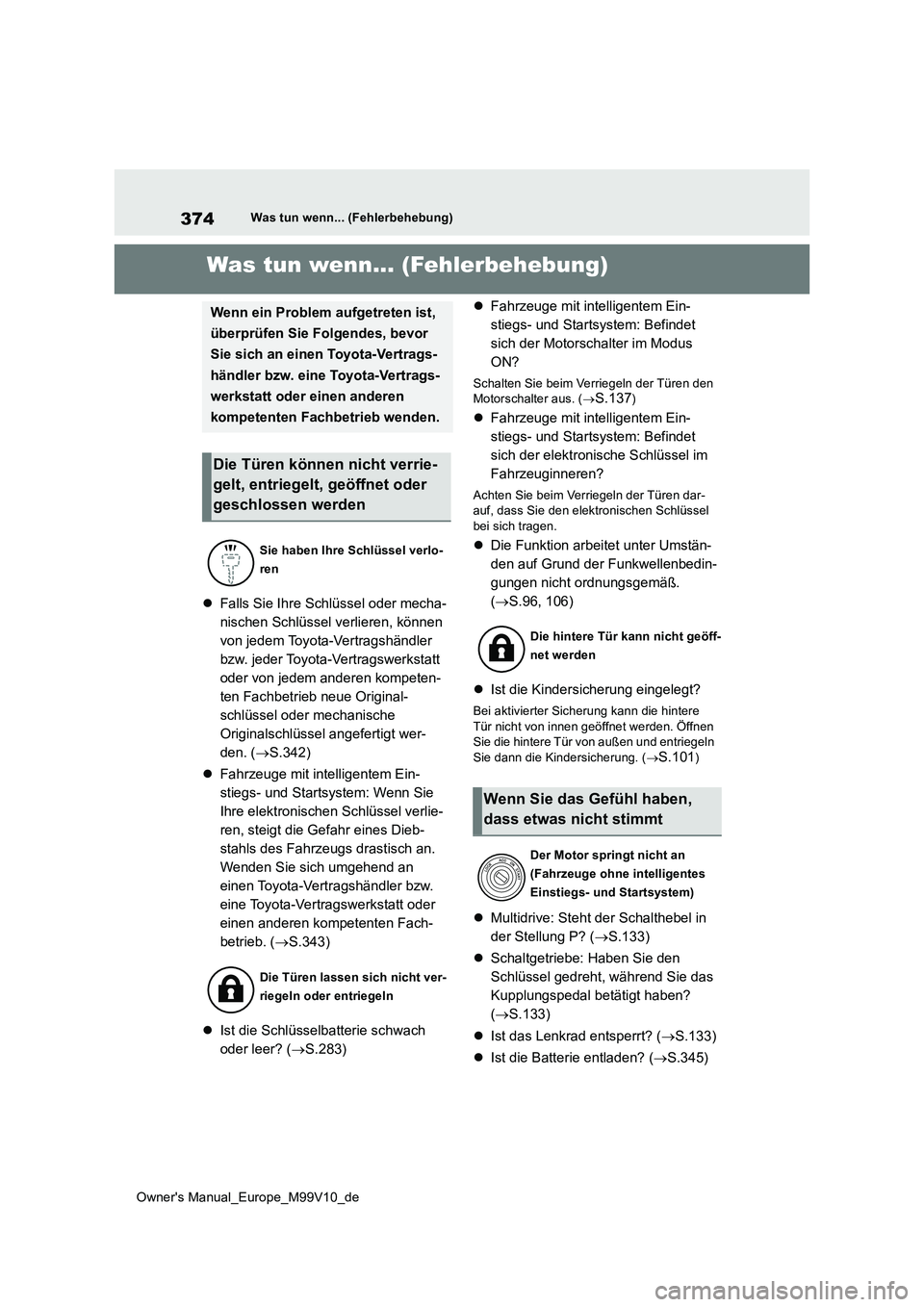 TOYOTA AYGO X 2022 Betriebsanleitungen (in German) 374
Owner's Manual_Europe_M99V10_de
Was tun wenn... (Fehlerbehebung)
1-1.Was tun wenn... (Fe hle rbe hebun g)Was tun wenn... (Fehlerbehebung)
Falls Sie Ihre Schlüssel oder mecha-
nischen Schl TOYOTA AYGO X 2022 Betriebsanleitungen (in German) 374
Owner's Manual_Europe_M99V10_de
Was tun wenn... (Fehlerbehebung)
1-1.Was tun wenn... (Fe hle rbe hebun g)Was tun wenn... (Fehlerbehebung)
Falls Sie Ihre Schlüssel oder mecha-
nischen Schl