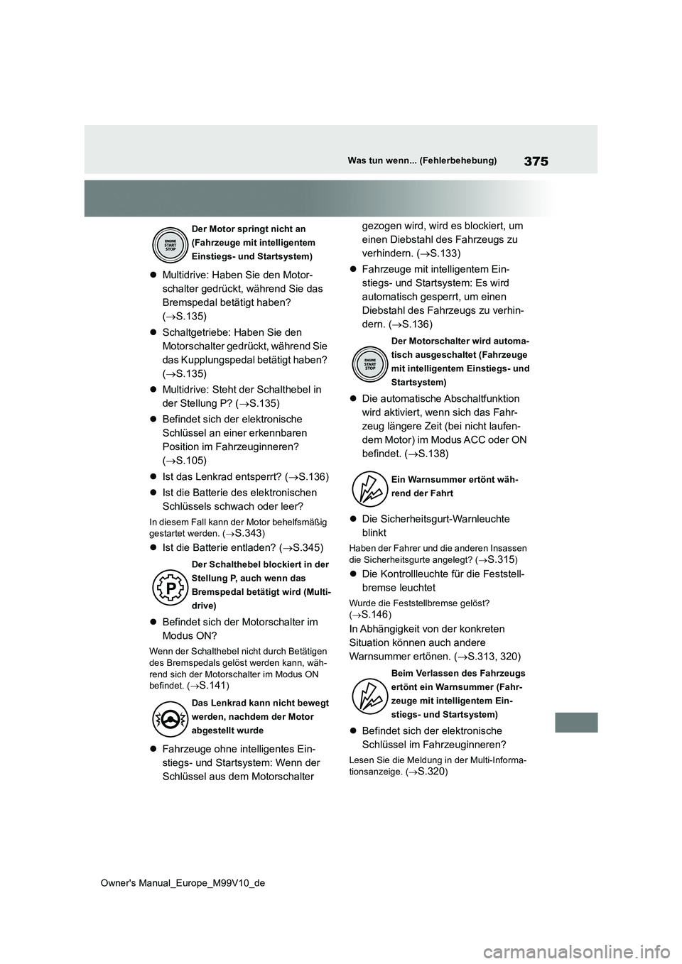 TOYOTA AYGO X 2022 Betriebsanleitungen (in German) 375
Owner's Manual_Europe_M99V10_de
Was tun wenn... (Fehlerbehebung)
Multidrive: Haben Sie den Motor-
schalter gedrückt, während Sie das
Bremspedal betätigt haben?
( S.135)
Schalt TOYOTA AYGO X 2022 Betriebsanleitungen (in German) 375
Owner's Manual_Europe_M99V10_de
Was tun wenn... (Fehlerbehebung)
Multidrive: Haben Sie den Motor-
schalter gedrückt, während Sie das
Bremspedal betätigt haben?
( S.135)
Schalt