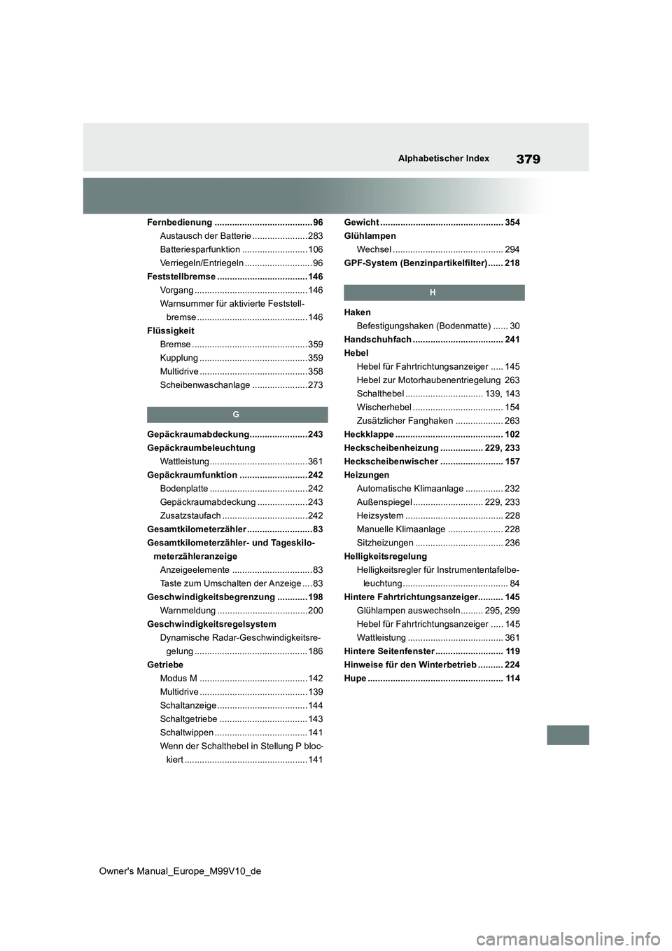 TOYOTA AYGO X 2022 Betriebsanleitungen (in German) 379
Owner's Manual_Europe_M99V10_de
Alphabetischer Index
Fernbedienung ....................................... 96
Austausch der Batterie ...................... 283
Batteriesparfunktion .......... TOYOTA AYGO X 2022 Betriebsanleitungen (in German) 379
Owner's Manual_Europe_M99V10_de
Alphabetischer Index
Fernbedienung ....................................... 96
Austausch der Batterie ...................... 283
Batteriesparfunktion ..........