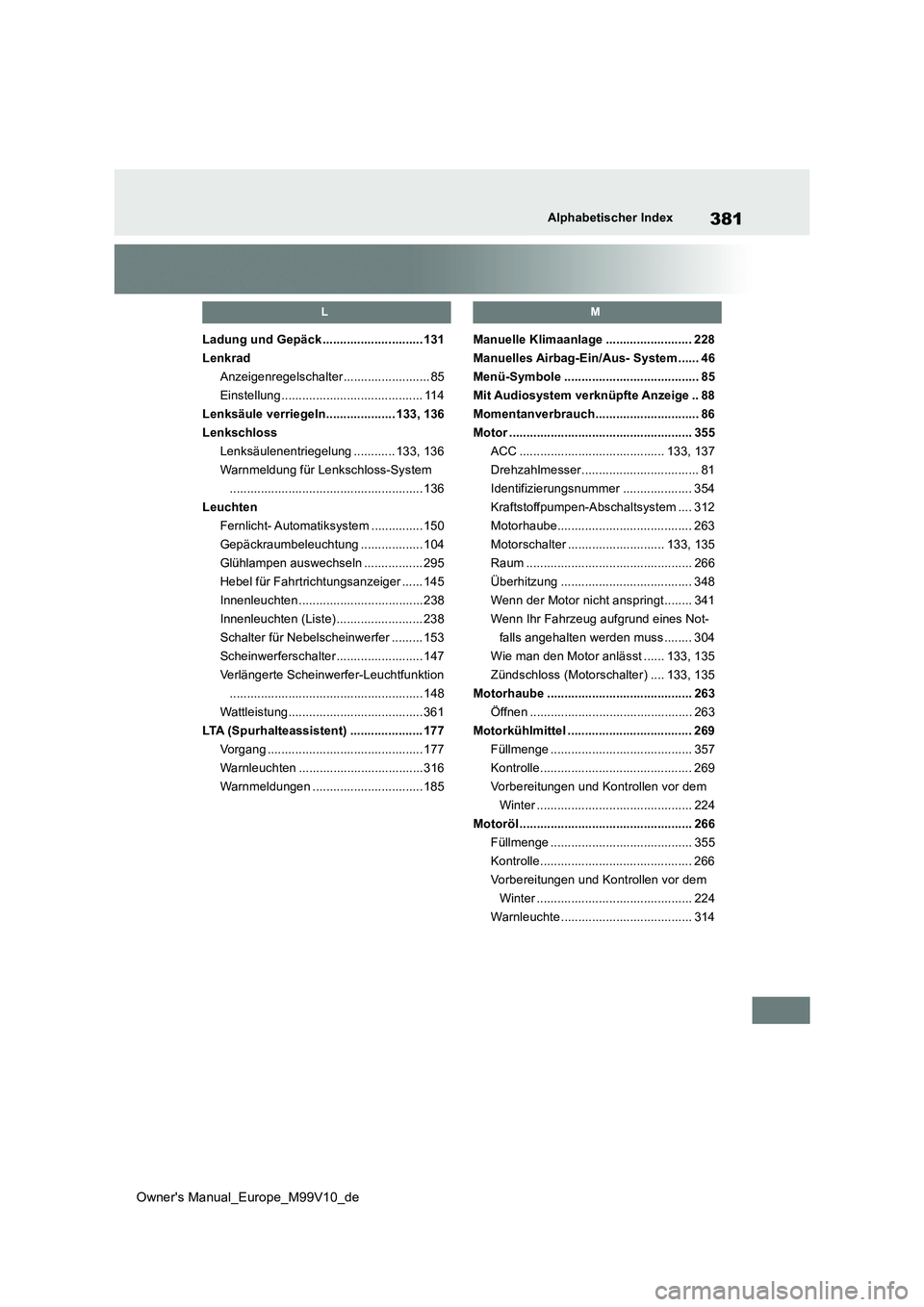 TOYOTA AYGO X 2022 Betriebsanleitungen (in German) 381
Owner's Manual_Europe_M99V10_de
Alphabetischer Index
L
Ladung und Gepäck ............................. 131
Lenkrad
Anzeigenregelschalter......................... 85
Einstellung ............. TOYOTA AYGO X 2022 Betriebsanleitungen (in German) 381
Owner's Manual_Europe_M99V10_de
Alphabetischer Index
L
Ladung und Gepäck ............................. 131
Lenkrad
Anzeigenregelschalter......................... 85
Einstellung .............