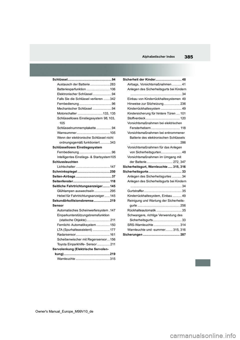 TOYOTA AYGO X 2022 Betriebsanleitungen (in German) 385
Owner's Manual_Europe_M99V10_de
Alphabetischer Index
Schlüssel................................................. 94
Austausch der Batterie ...................... 283
Batteriesparfunktion .... TOYOTA AYGO X 2022 Betriebsanleitungen (in German) 385
Owner's Manual_Europe_M99V10_de
Alphabetischer Index
Schlüssel................................................. 94
Austausch der Batterie ...................... 283
Batteriesparfunktion ....
