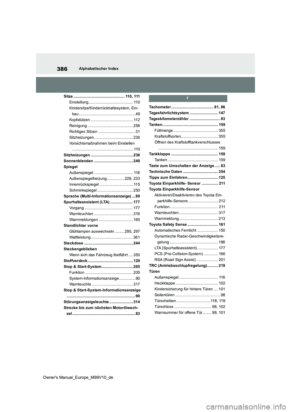 TOYOTA AYGO X 2022  Betriebsanleitungen (in German) 386
Owner's Manual_Europe_M99V10_de
Alphabetischer Index 
Sitze ............................................... 110, 111 
Einstellung ......................................... 110
Kindersitze/Kind