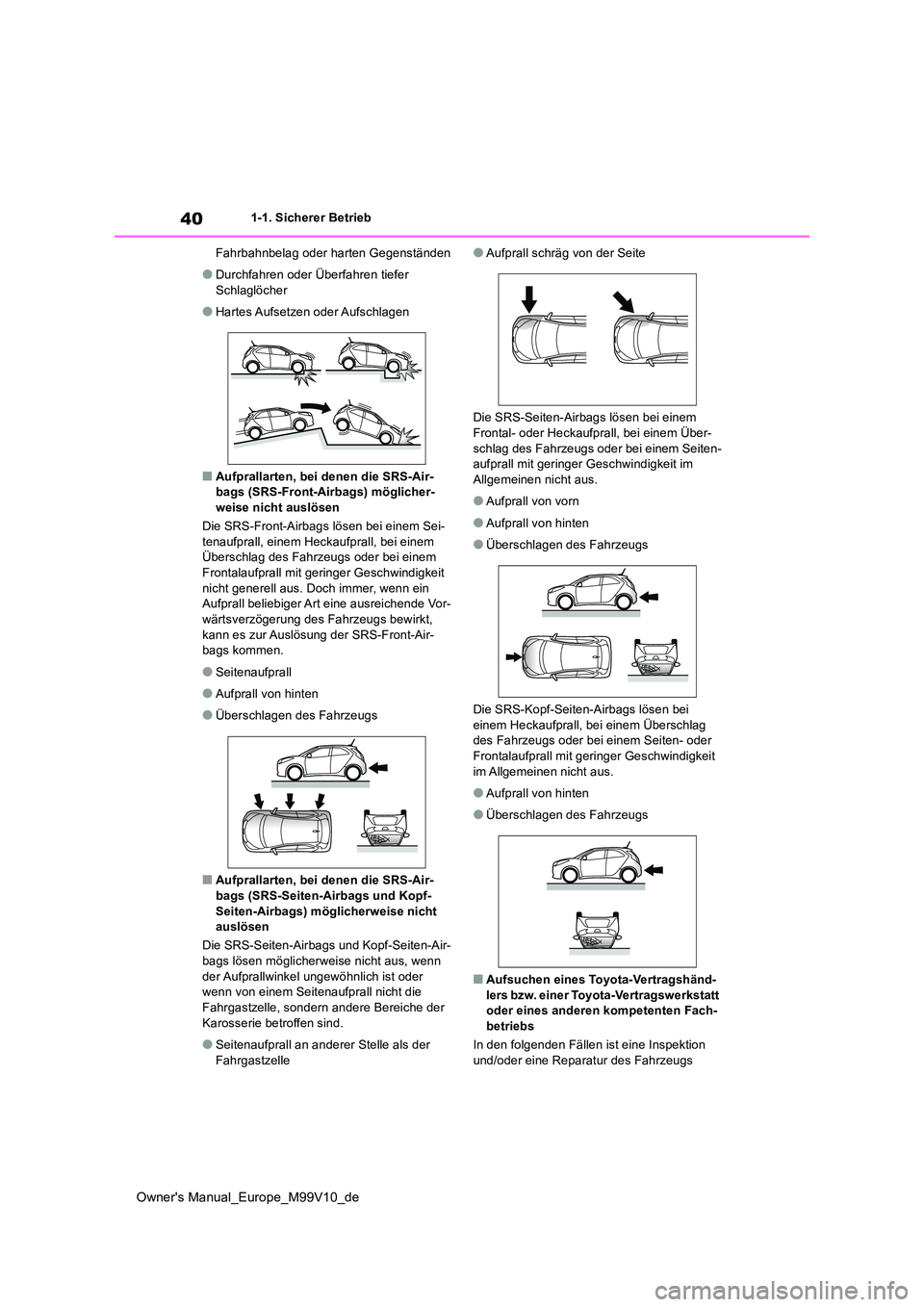 TOYOTA AYGO X 2022  Betriebsanleitungen (in German) 40
Owner's Manual_Europe_M99V10_de
1-1. Sicherer Betrieb 
Fahrbahnbelag oder harten Gegenständen
●Durchfahren oder Überfahren tiefer  
Schlaglöcher
●Hartes Aufsetzen oder Aufschlagen
■Auf