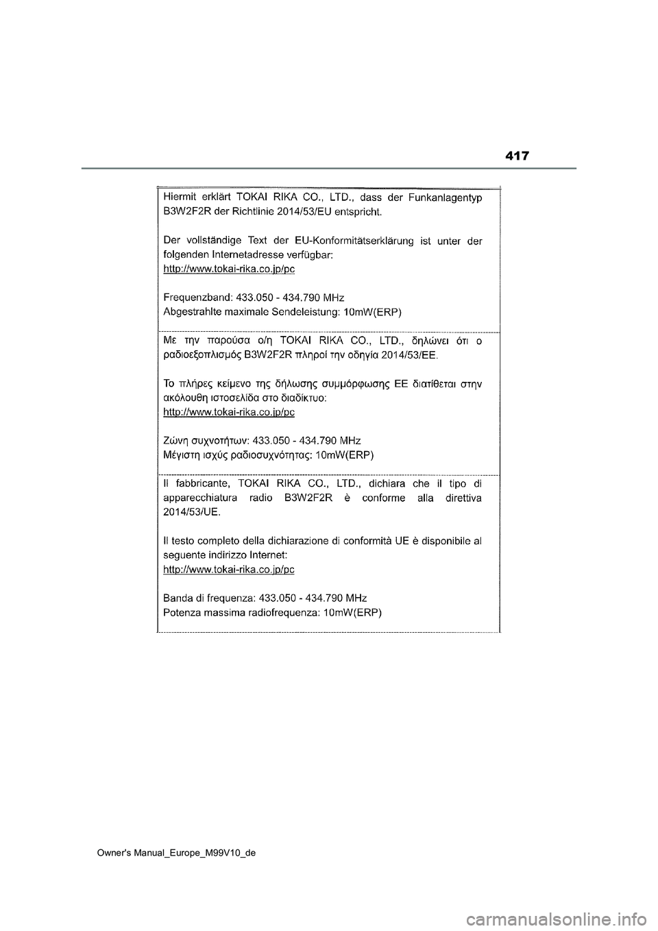 TOYOTA AYGO X 2022 Betriebsanleitungen (in German) 417
Owner's Manual_Europe_M99V10_de TOYOTA AYGO X 2022 Betriebsanleitungen (in German) 417
Owner's Manual_Europe_M99V10_de