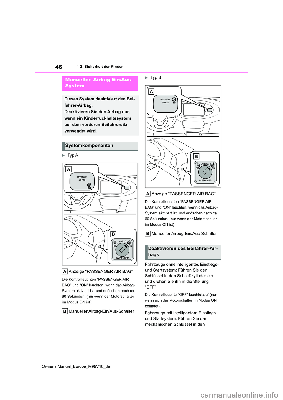 TOYOTA AYGO X 2022  Betriebsanleitungen (in German) 46
Owner's Manual_Europe_M99V10_de
1-2. Sicherheit der Kinder
1-2.Sicherheit der Kind er
Ty p  A 
Anzeige “PASSENGER AIR BAG”
Die Kontrollleuchten “PASSENGER AIR  
BAG” und “ON” leu