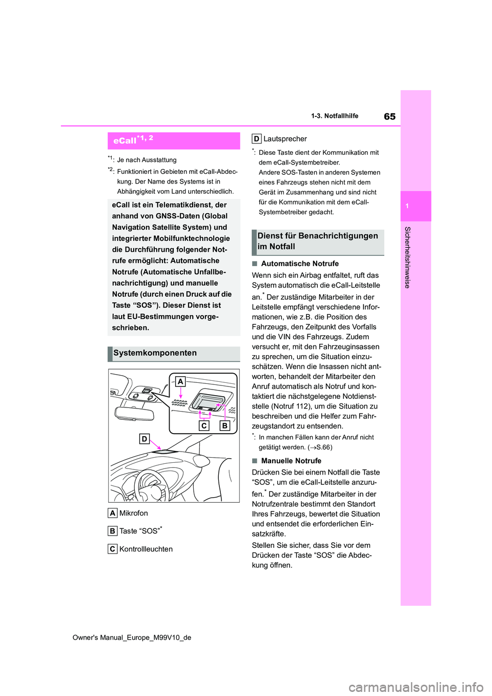 TOYOTA AYGO X 2022 Betriebsanleitungen (in German) 65
1
Owner's Manual_Europe_M99V10_de
1-3. Notfallhilfe
Sicherheitshinweise
1-3.Notfallhilfe
*1: Je nach Ausstattung
*2: Funktioniert in Gebieten mit eCall-Abdec-
kung. Der Name des Systems ist in TOYOTA AYGO X 2022 Betriebsanleitungen (in German) 65
1
Owner's Manual_Europe_M99V10_de
1-3. Notfallhilfe
Sicherheitshinweise
1-3.Notfallhilfe
*1: Je nach Ausstattung
*2: Funktioniert in Gebieten mit eCall-Abdec-
kung. Der Name des Systems ist in